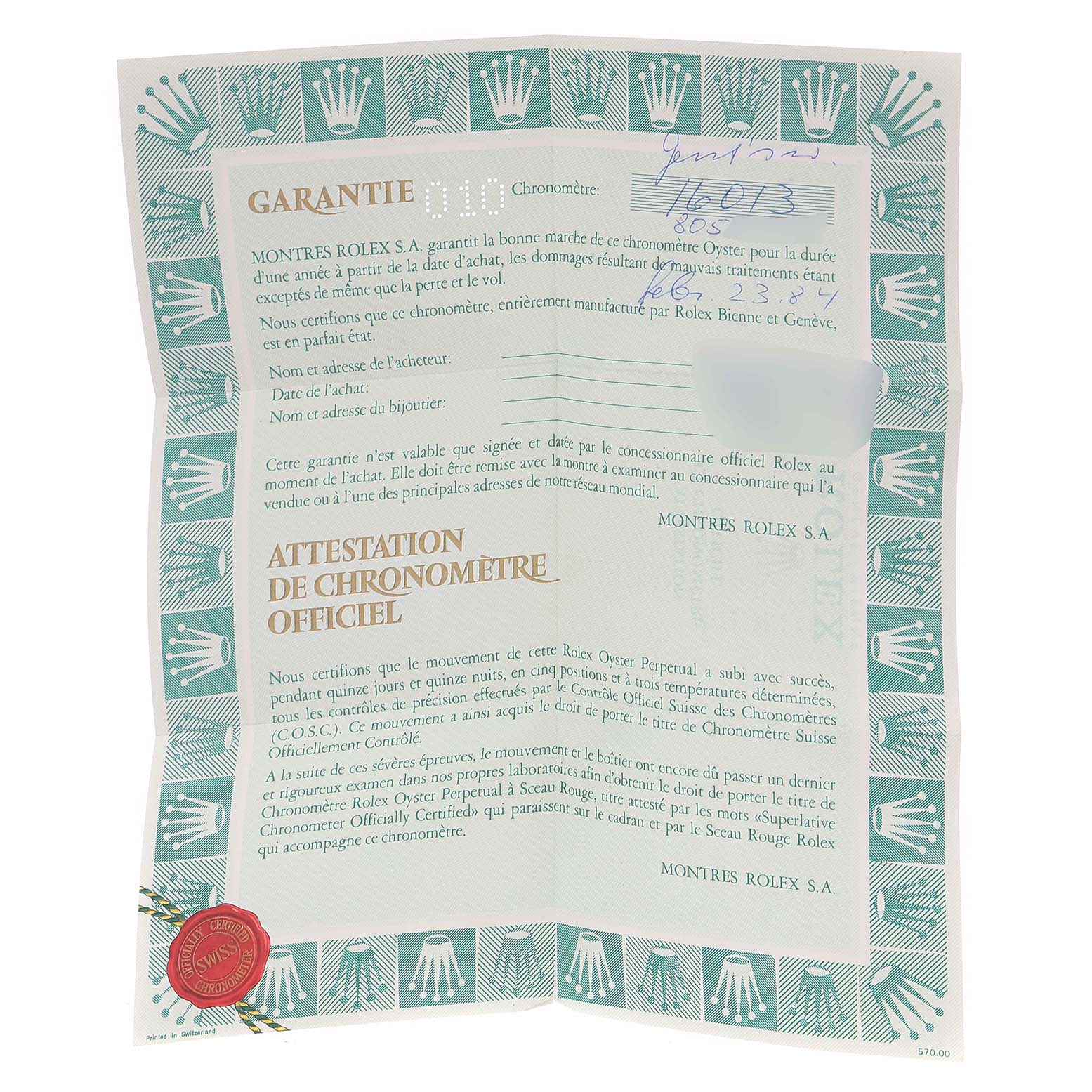 The image shows a warranty and official chronometer certification for a Rolex Vintage Collection 16013 Men's Steel and Gold (two tone) Champagne Dial 16013 Men's Steel and Gold (two tone) Champagne Dial model.