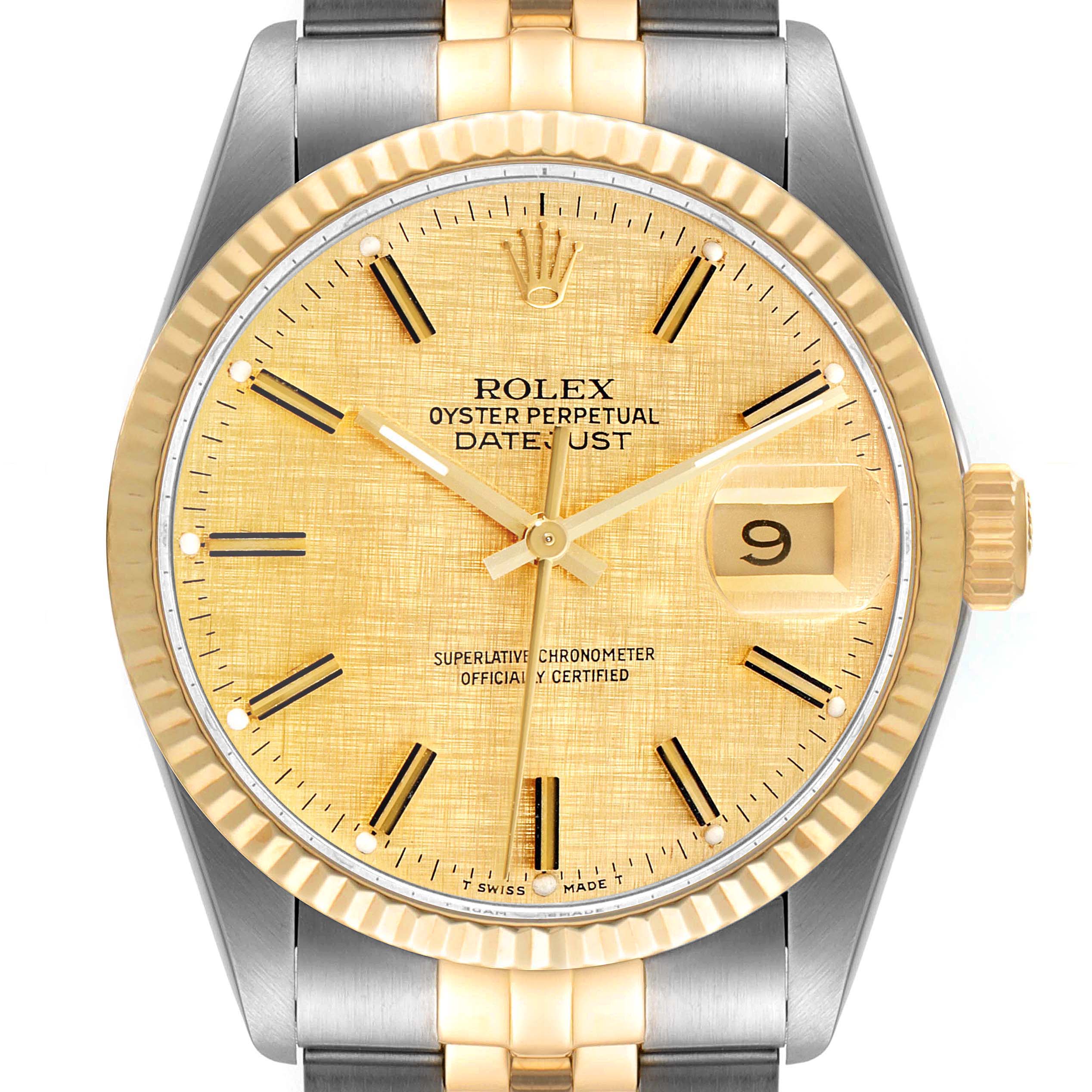 The image shows a frontal angle of the Rolex Vintage Collection 16013 Men
s Steel and Gold (two tone) Champagne Dial 16013 Men
s Steel and Gold (two tone) Champagne Dial Oyster Perpetual Datejust watch, displaying its dial, bezel, and part of the bracelet.