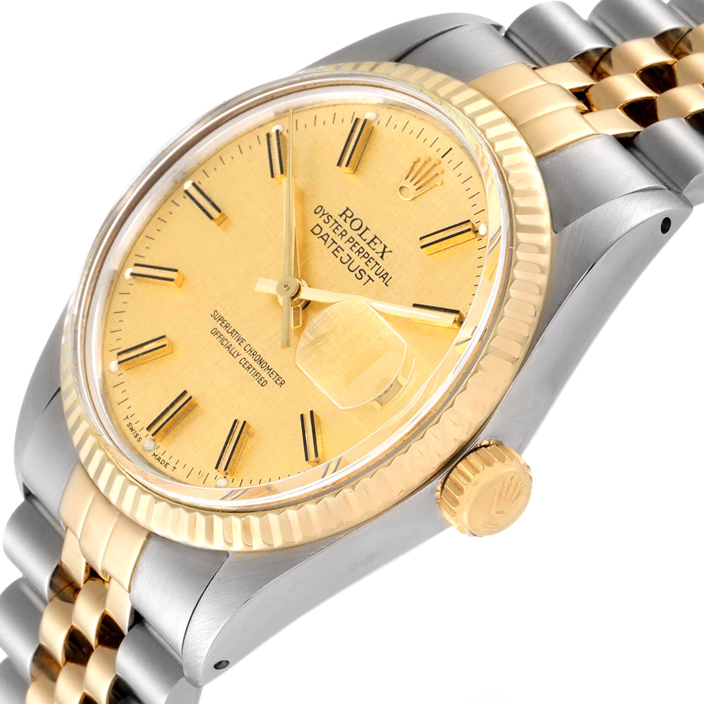 The image shows a side angle of the Rolex Vintage Collection 16013 Men
s Steel and Gold (two tone) Champagne Dial 16013 Men
s Steel and Gold (two tone) Champagne Dial Datejust watch, highlighting its gold dial, crown, and two-tone bracelet.