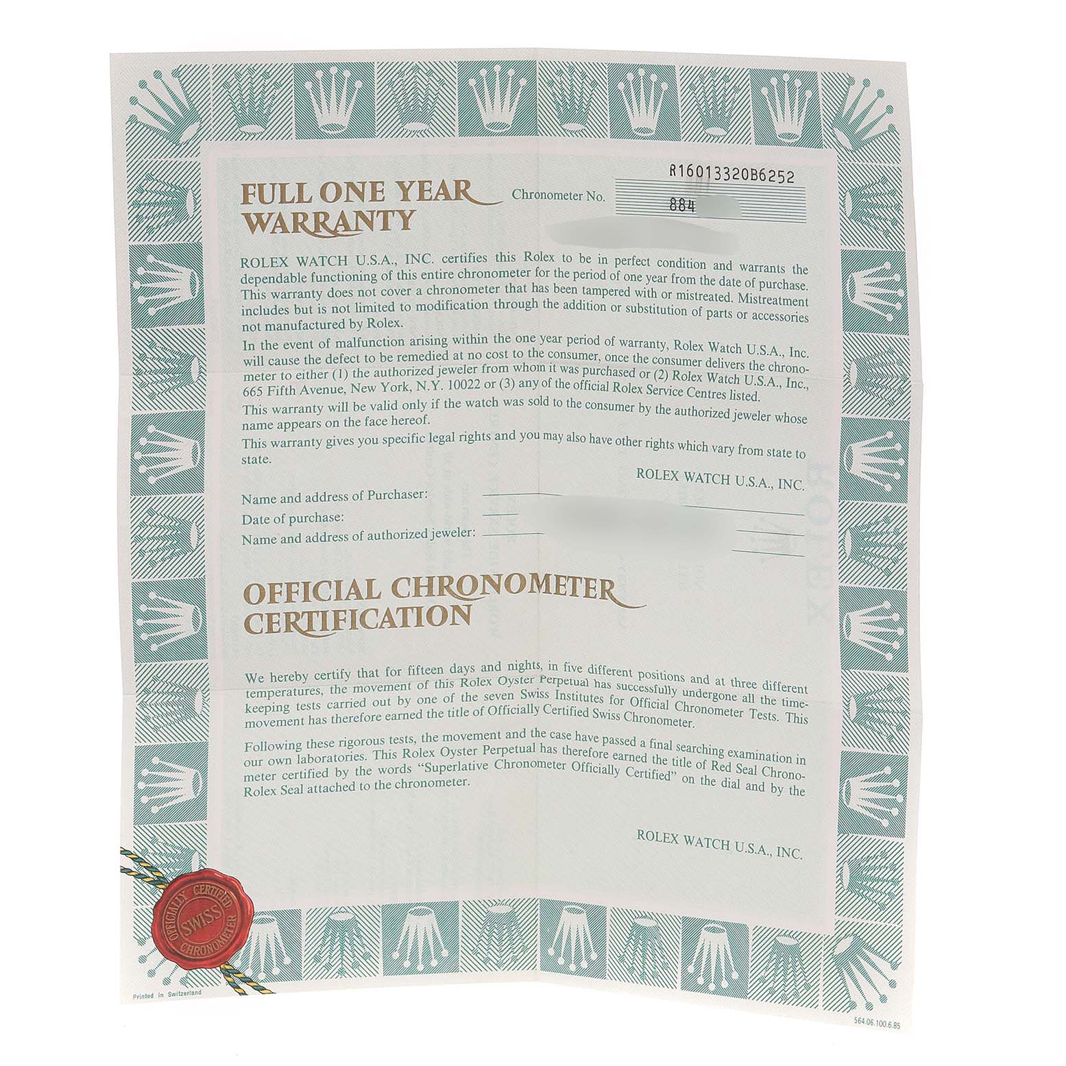 An official warranty and chronometer certification document for the Rolex Vintage Collection 16013 Men
s Steel and Gold (two tone) Champagne Dial 16013 Men
s Steel and Gold (two tone) Champagne Dial model.