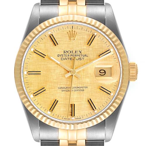 Photo of Rolex Datejust 36 Steel Yellow Gold Vintage Fat Boy Linen Dial Watch 16013 Box Papers