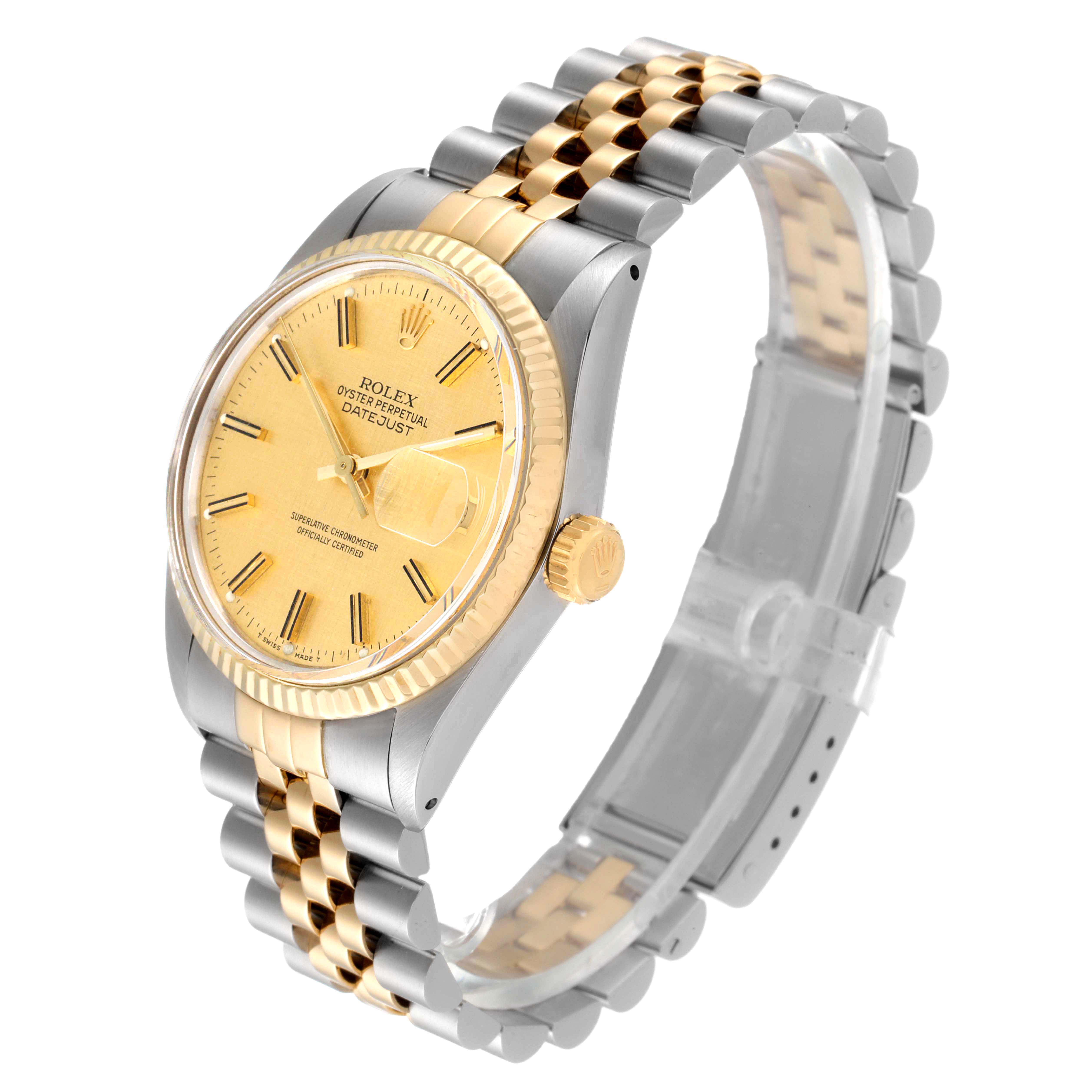 The Rolex Vintage Collection 16013 Men
s Steel and Gold (two tone) Champagne Dial 16013 Men
s Steel and Gold (two tone) Champagne Dial model is shown at a three-quarter angle, displaying its face, crown, and two-tone bracelet.