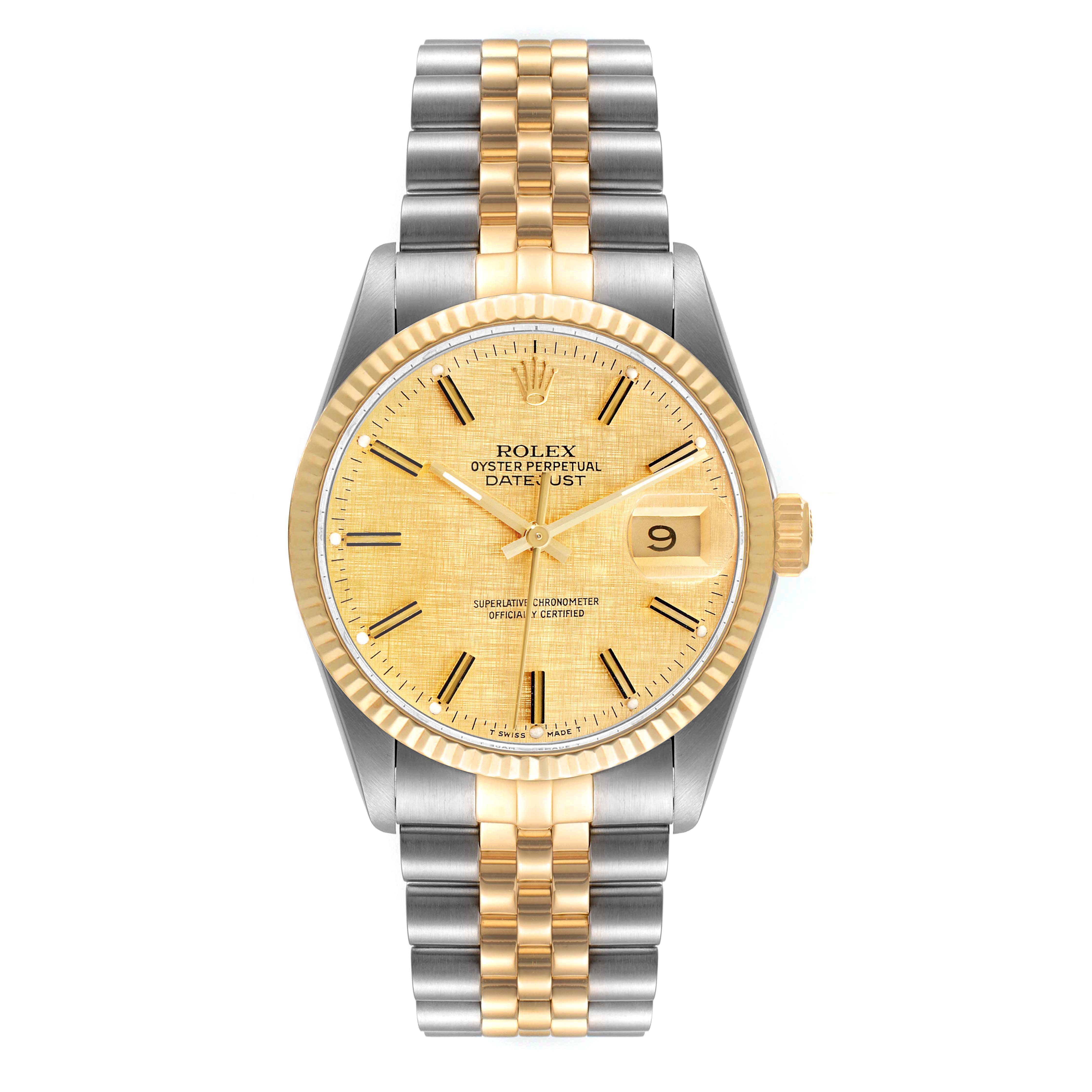 The Rolex Vintage Collection 16013 Men
s Steel and Gold (two tone) Champagne Dial 16013 Men
s Steel and Gold (two tone) Champagne Dial Datejust is shown from a top-down angle, displaying the dial, bezel, crown, and bracelet.