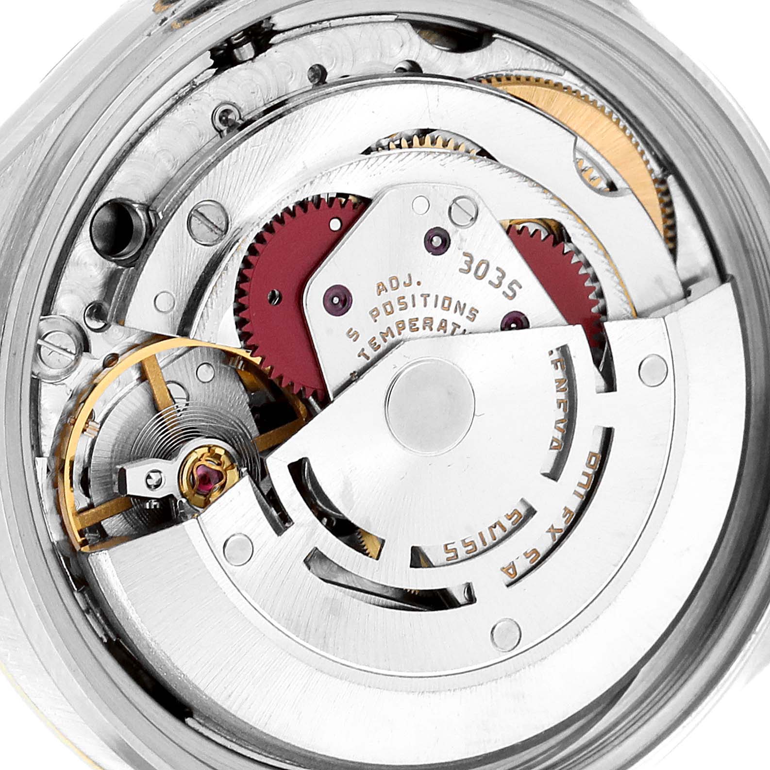 This image shows a close-up view of the inner mechanical movement of a Rolex Vintage Collection 16013 Men
s Steel and Gold (two tone) Champagne Dial 16013 Men
s Steel and Gold (two tone) Champagne Dial watch.