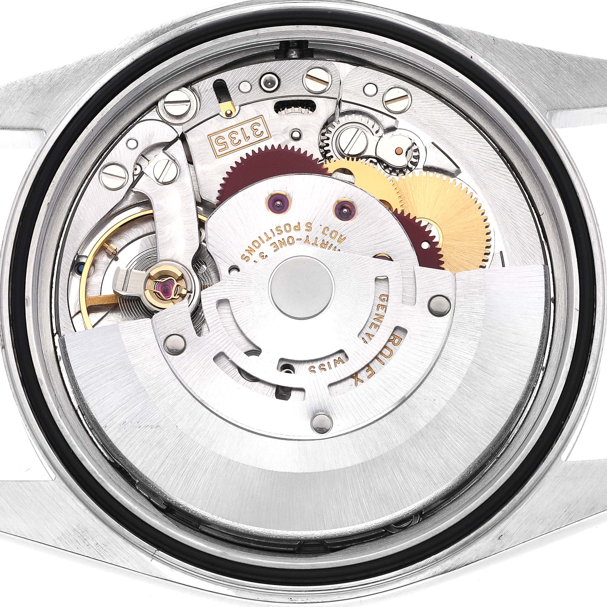 The image shows the internal movement of a Rolex Datejust 16200 Men's Stainless Steel Silver Dial 16200 Men's Stainless Steel Silver Dial watch, viewed from the back, displaying gears and the rotor.