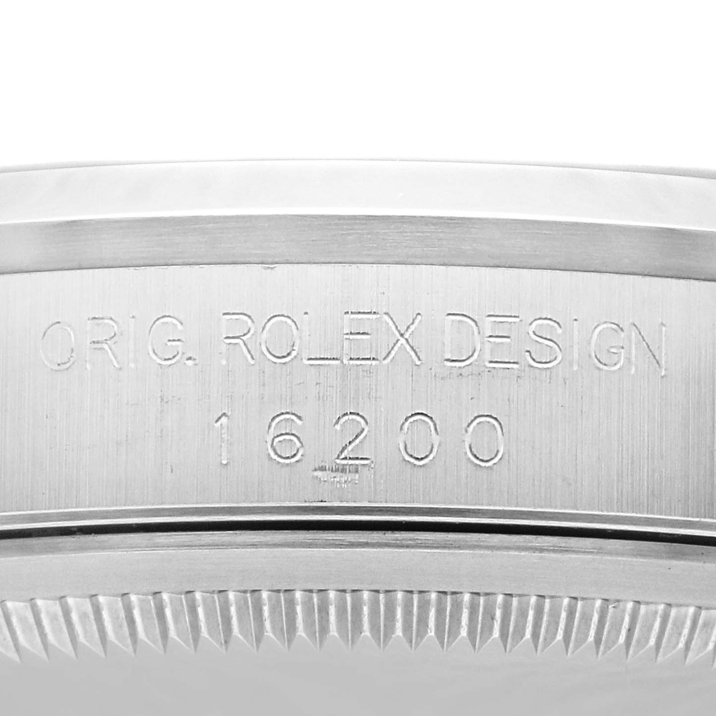The image shows a close-up of the side of a Rolex Datejust 16200 Men's Stainless Steel Silver Dial 16200 Men's Stainless Steel Silver Dial watch case, highlighting the engraved model number "16200".