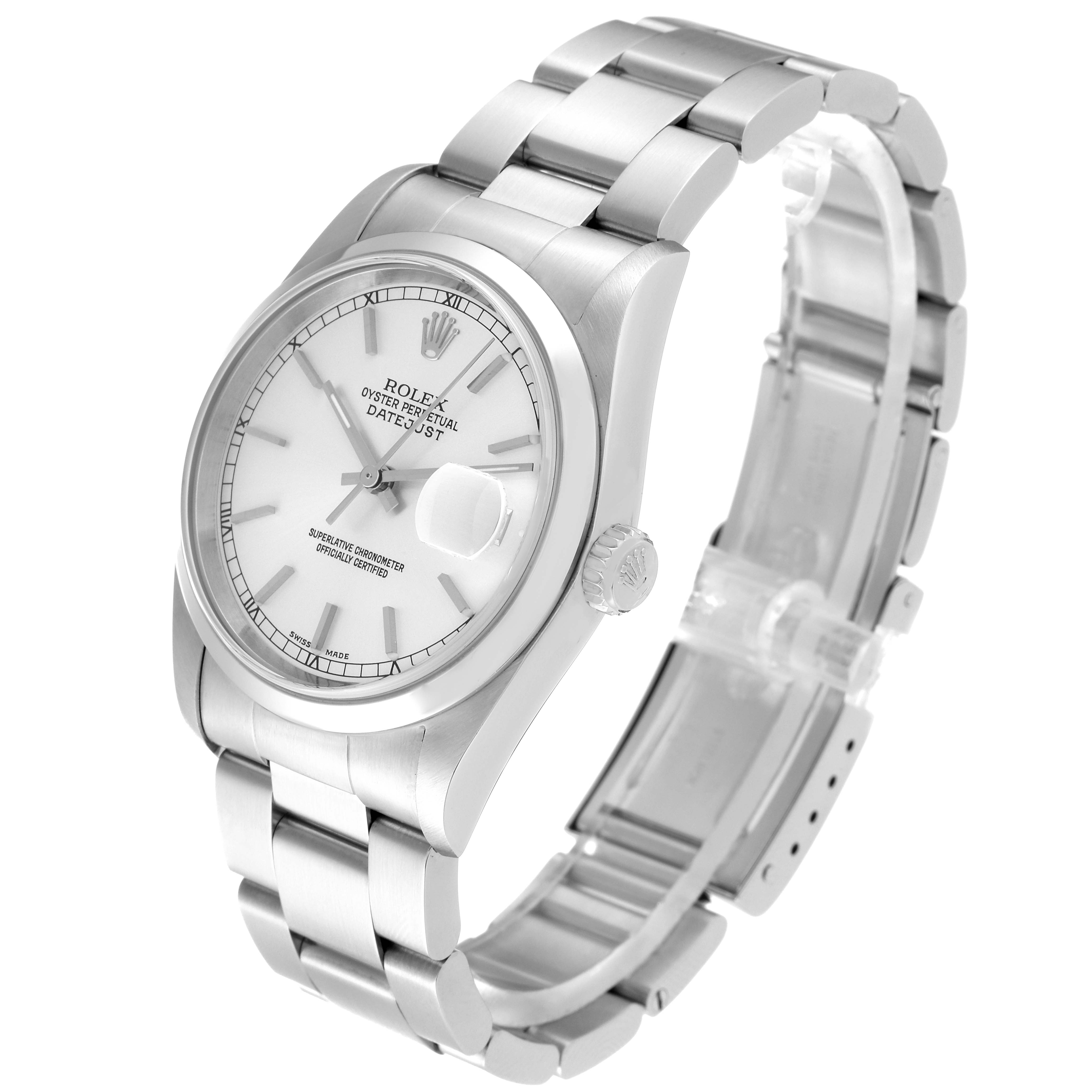 This Rolex Datejust 16200 Men's Stainless Steel Silver Dial 16200 Men's Stainless Steel Silver Dial watch is shown from an angled side view, displaying its face, bracelet, and crown.