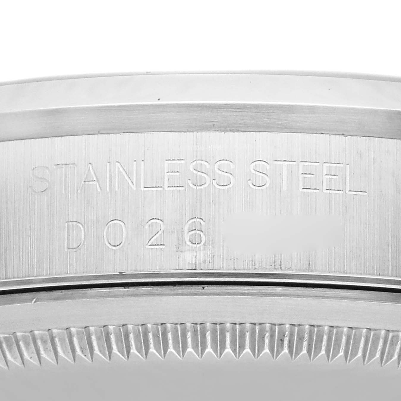 This is a close-up of the stainless steel case back with model engraving for a Rolex Datejust 16200 Men's Stainless Steel Silver Dial 16200 Men's Stainless Steel Silver Dial watch.