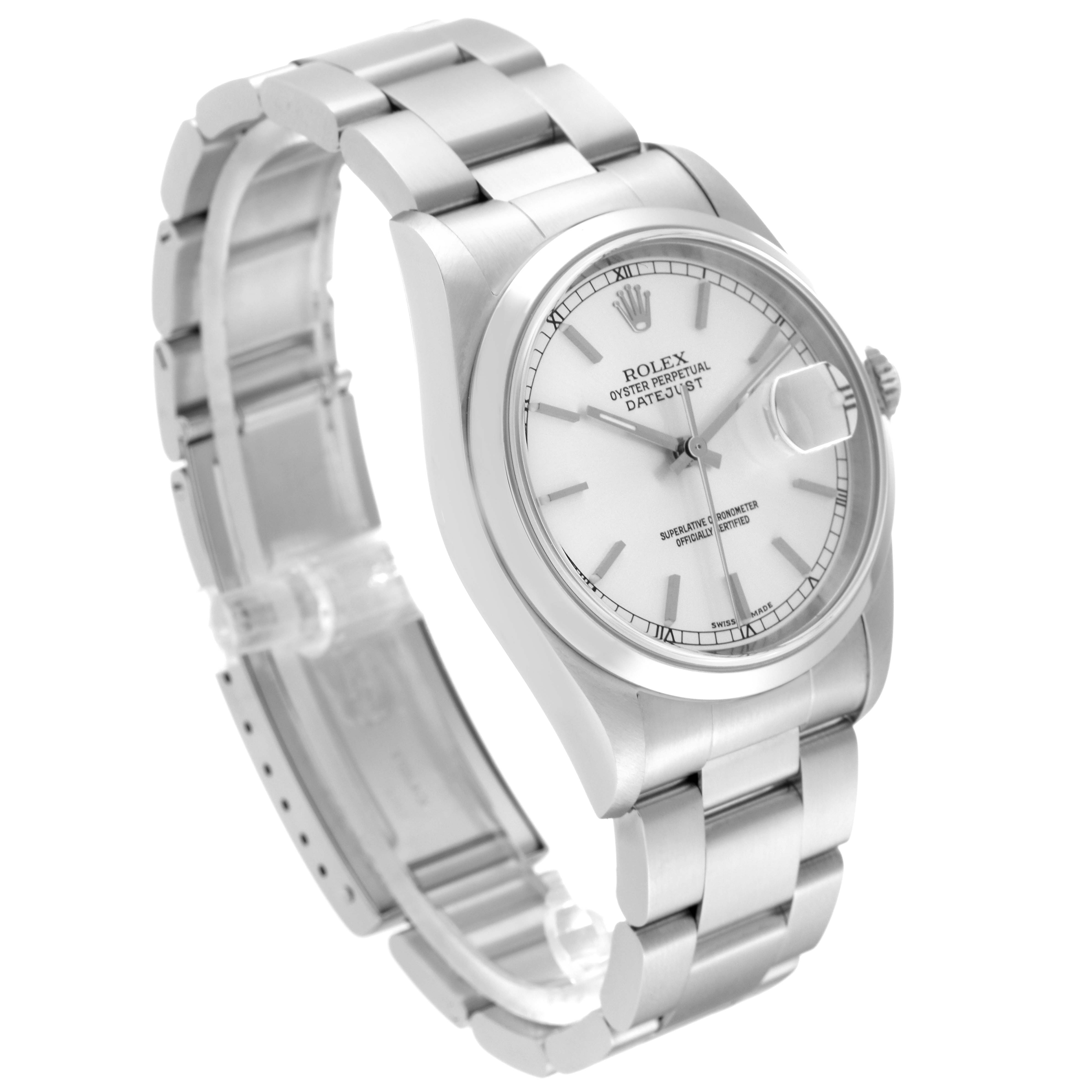 This image shows a Rolex Datejust 16200 Men's Stainless Steel Silver Dial 16200 Men's Stainless Steel Silver Dial watch at a three-quarter angle, highlighting the dial, bracelet, and crown.