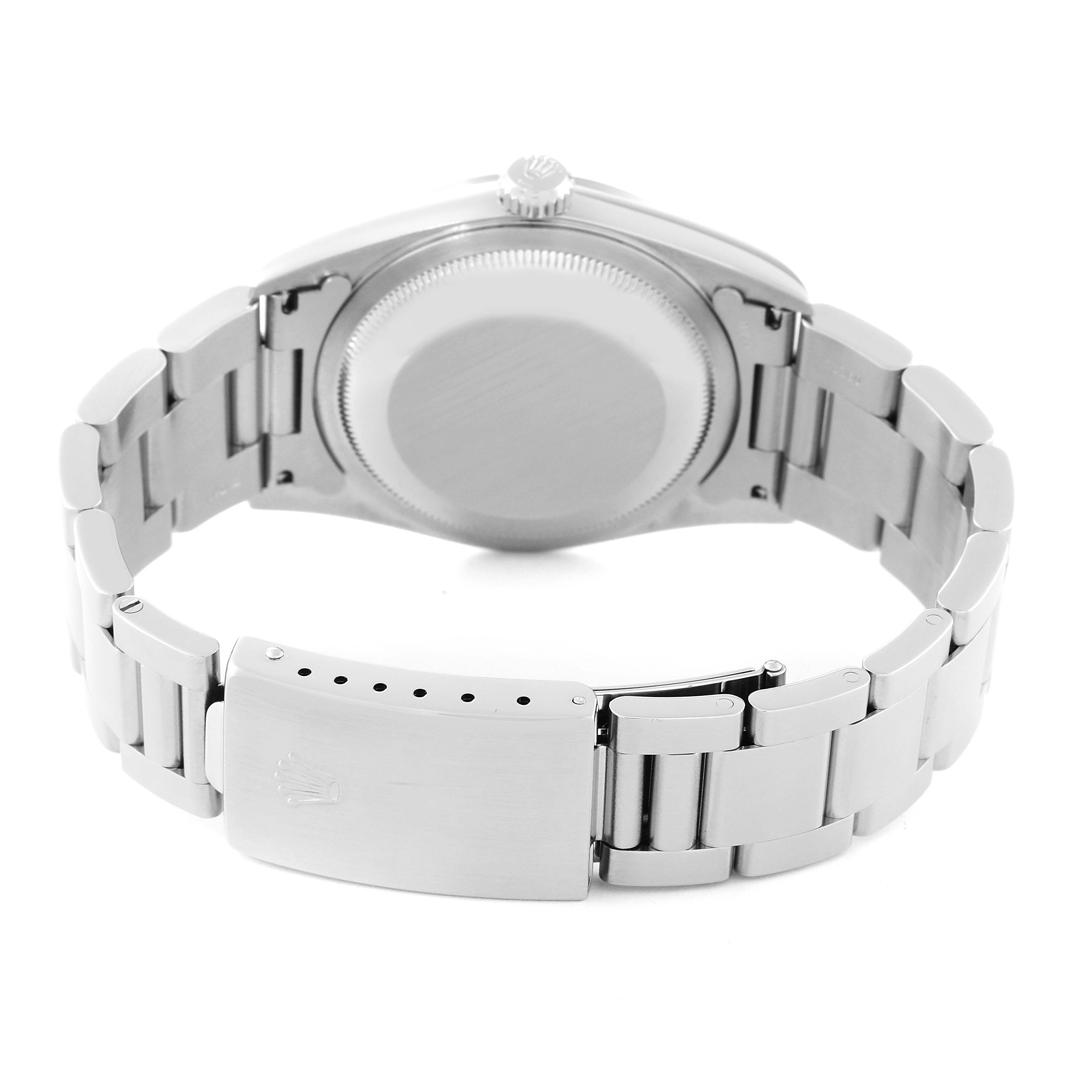 This image shows the back view of a Rolex Datejust 16200 Men's Stainless Steel Silver Dial 16200 Men's Stainless Steel Silver Dial watch, highlighting its metal bracelet and clasp.