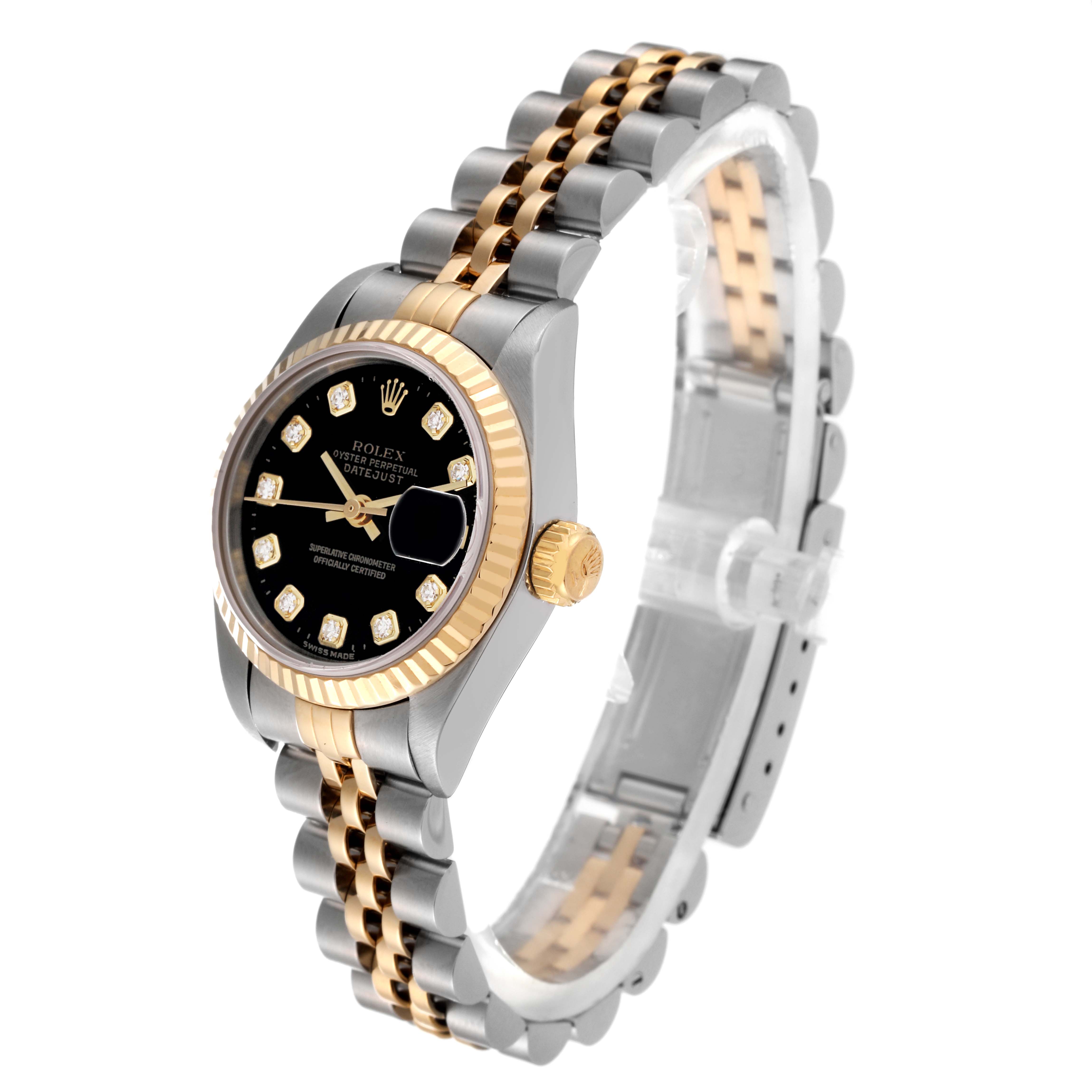 The image shows a Rolex Datejust 69173G Women's Steel and Gold (two tone) Black Dial 69173G Women's Steel and Gold (two tone) Black Dial watch at a slight angle, displaying the dial, bezel, crown, and bracelet.