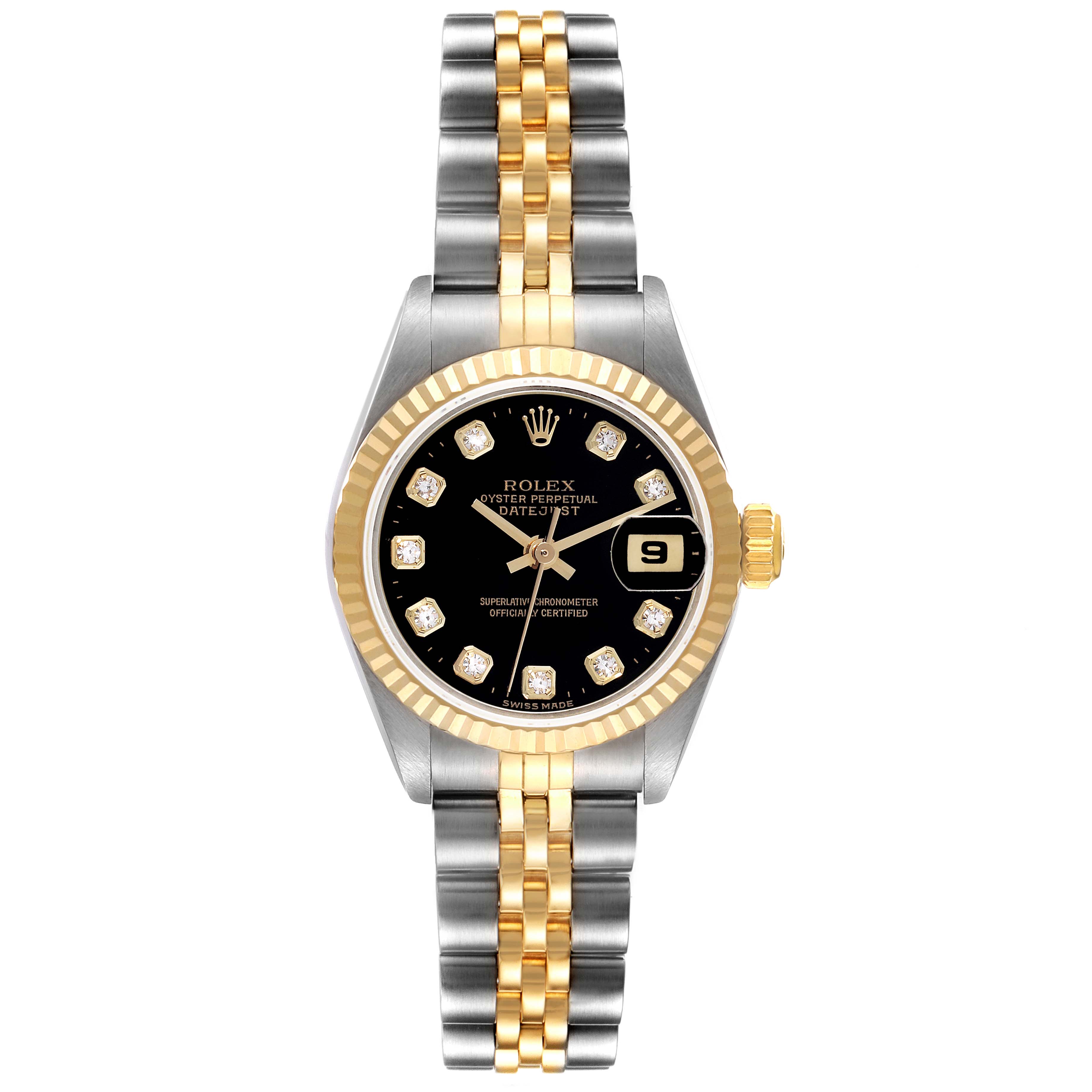 The image shows a Rolex Datejust 69173G Women's Steel and Gold (two tone) Black Dial 69173G Women's Steel and Gold (two tone) Black Dial watch from a front angle, highlighting its two-tone bracelet, diamond hour markers, and date window.
