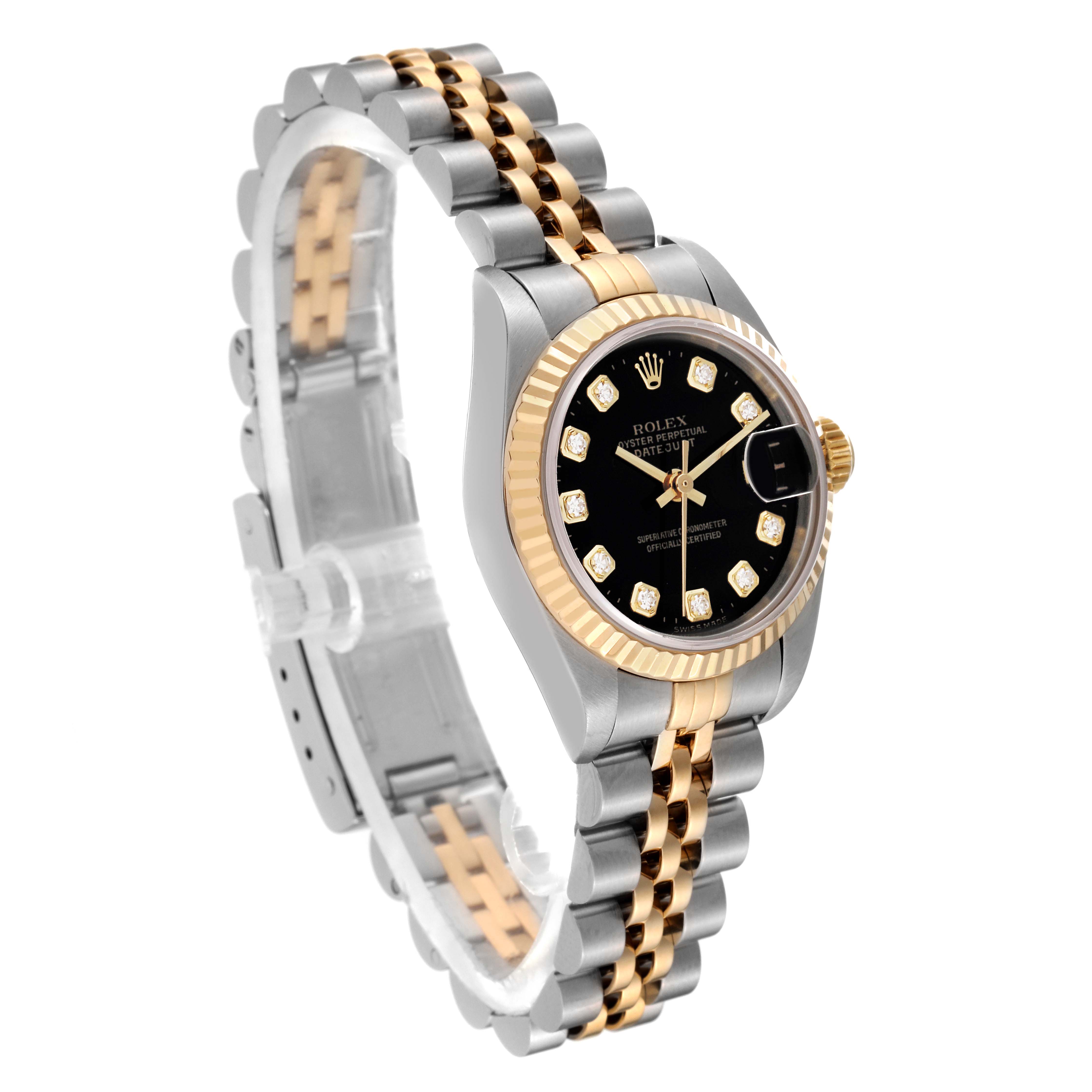 This image shows a side and partial top view of the Rolex Datejust 69173G Women's Steel and Gold (two tone) Black Dial 69173G Women's Steel and Gold (two tone) Black Dial watch, highlighting its two-tone bracelet and black dial.