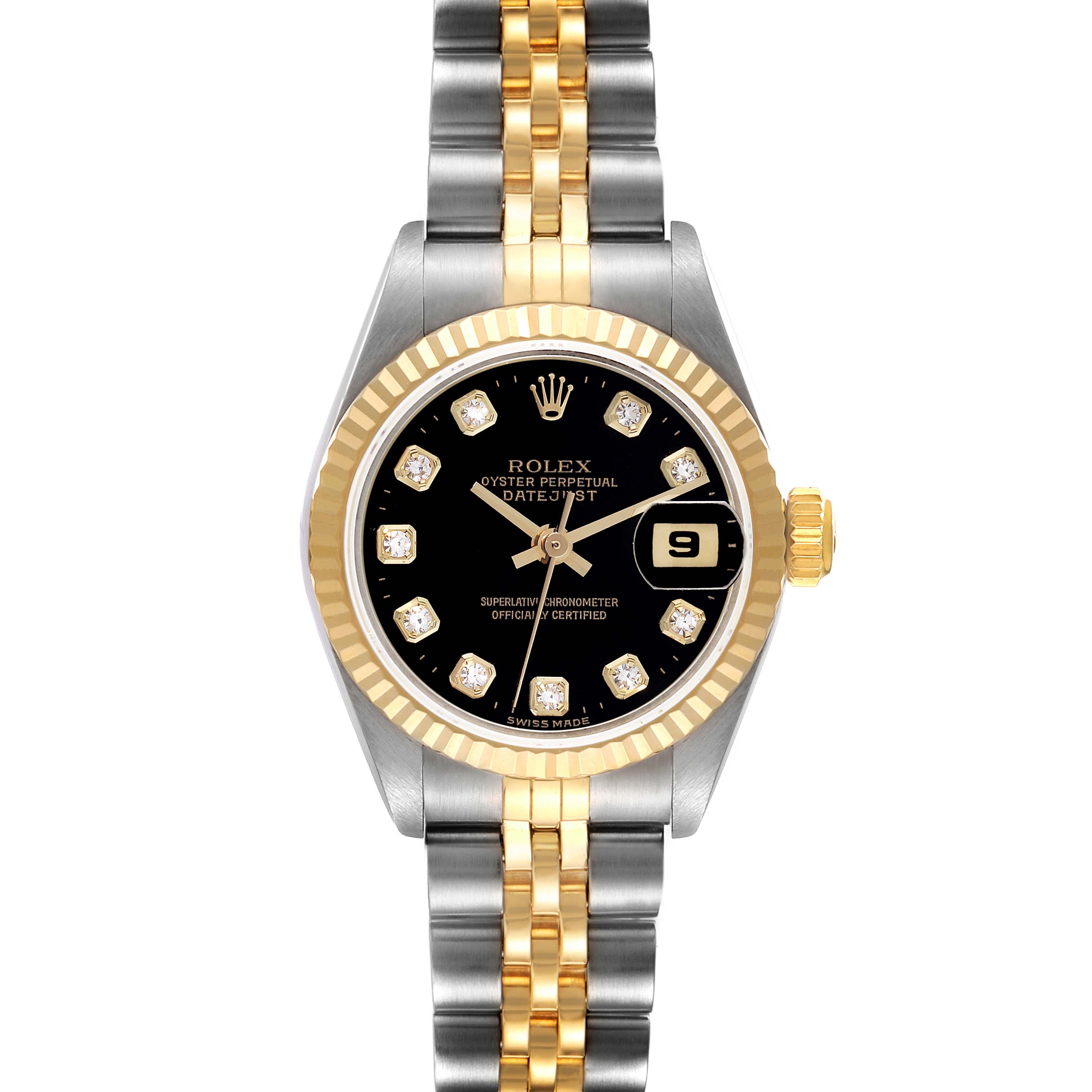 The image shows a frontal view of a Rolex Datejust 69173G Women's Steel and Gold (two tone) Black Dial 69173G Women's Steel and Gold (two tone) Black Dial watch, displaying the face, bezel, and bracelet.