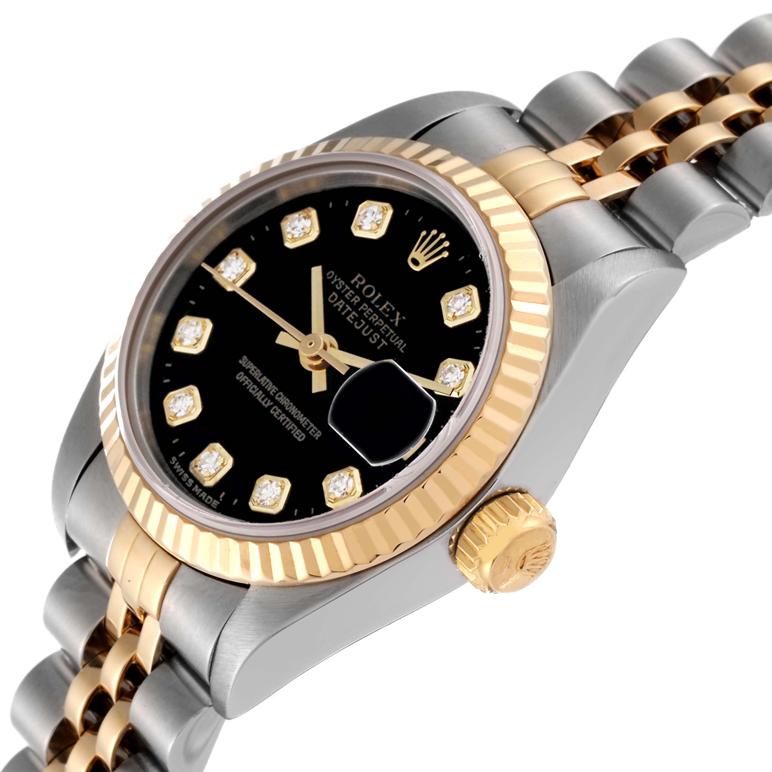 The image shows a Rolex Datejust 69173G Women's Steel and Gold (two tone) Black Dial 69173G Women's Steel and Gold (two tone) Black Dial watch from a side angle, highlighting the crown, bracelet, and diamond-studded dial.