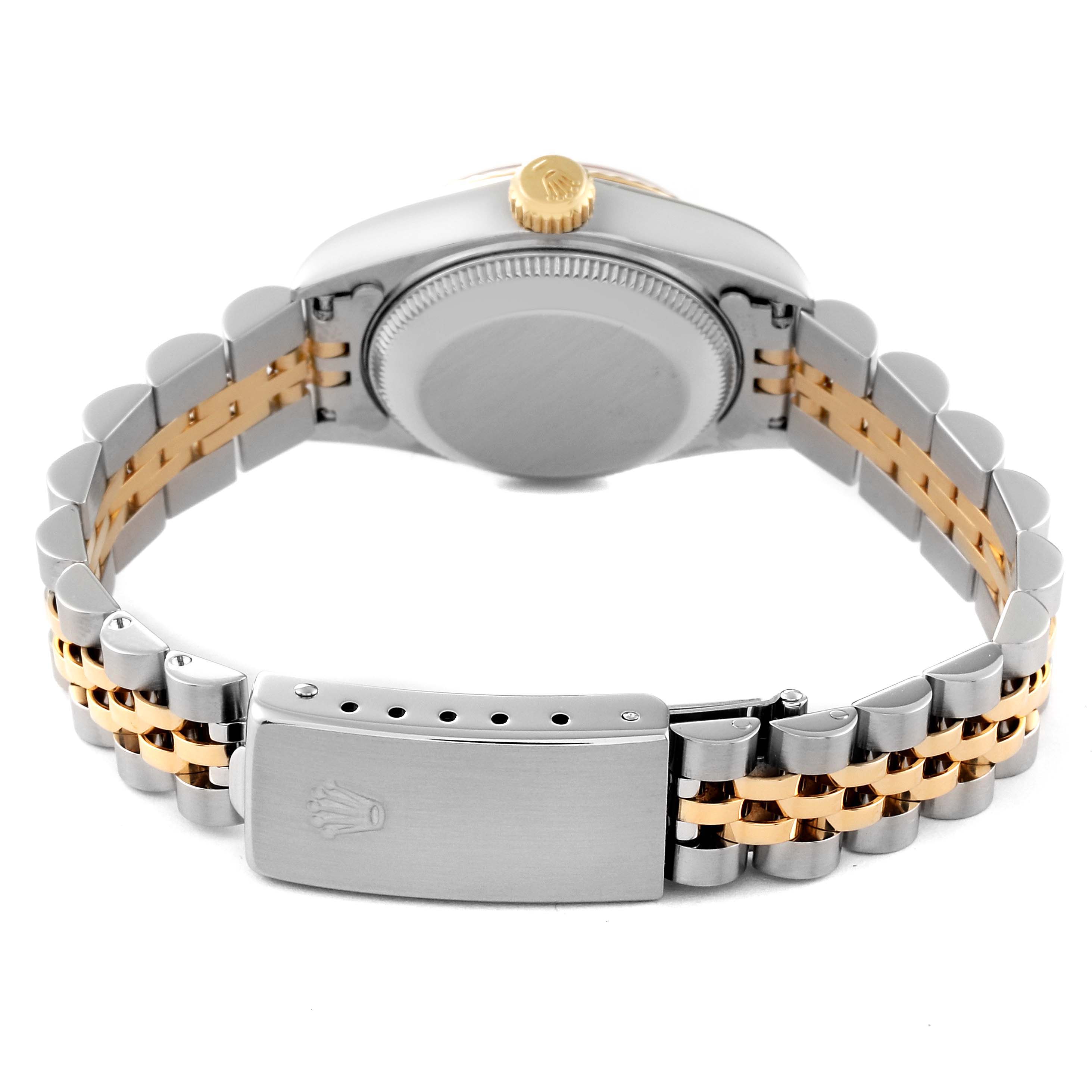 The image shows the back and bracelet of a Rolex Datejust 69173G Women's Steel and Gold (two tone) Black Dial 69173G Women's Steel and Gold (two tone) Black Dial watch, highlighting its clasp and two-tone links.