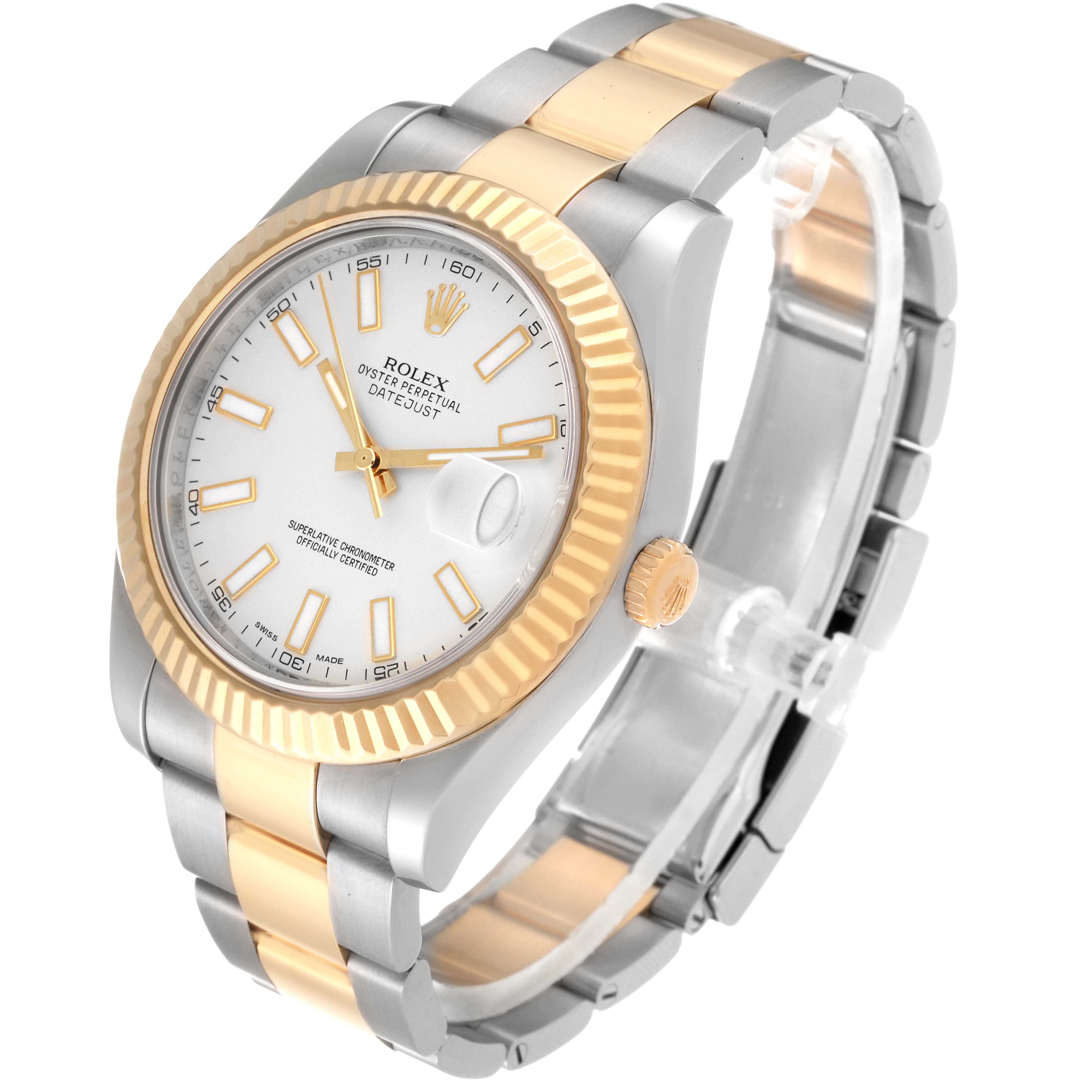 This is a Rolex Datejust 41 116333 Men's Steel and Gold (two tone) Silver Dial 116333 Men's Steel and Gold (two tone) Silver Dial watch shown from a three-quarter angle, highlighting the face, bezel, crown, and two-tone bracelet.