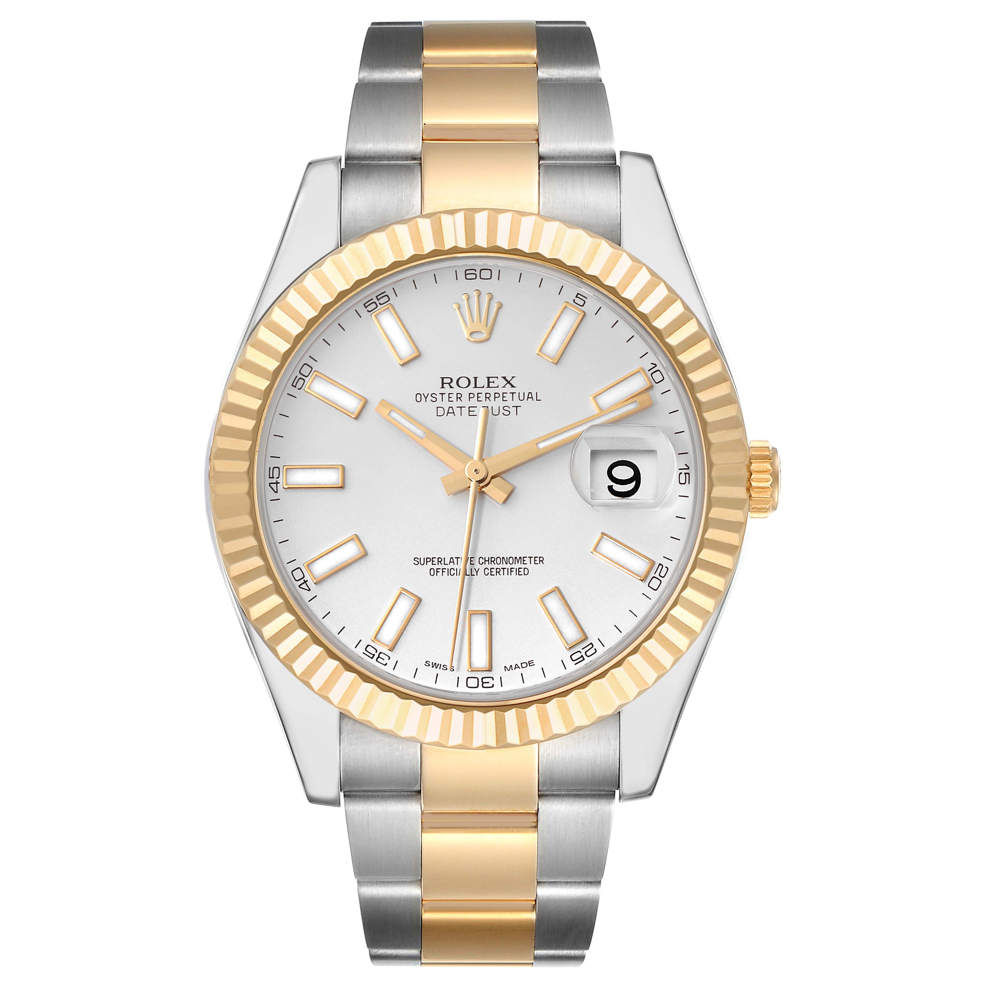 The image shows a front view of the Rolex Datejust 41 116333 Men's Steel and Gold (two tone) Silver Dial 116333 Men's Steel and Gold (two tone) Silver Dial watch with a silver and gold tone on the bezel and bracelet.