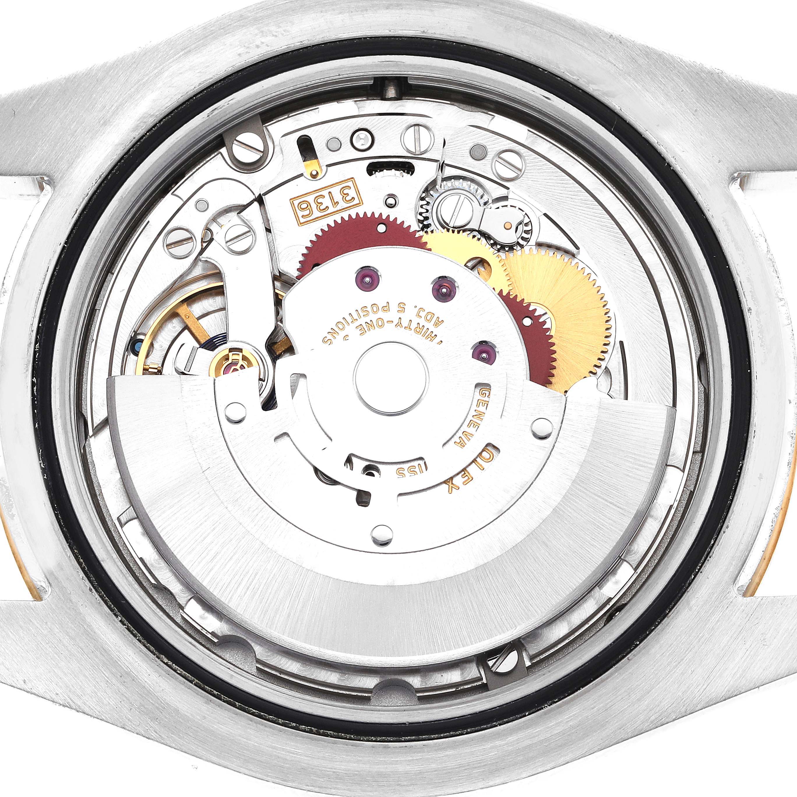 The image shows the internal mechanism of the Rolex Datejust 41 116333 Men's Steel and Gold (two tone) Silver Dial 116333 Men's Steel and Gold (two tone) Silver Dial watch viewed from the case back.