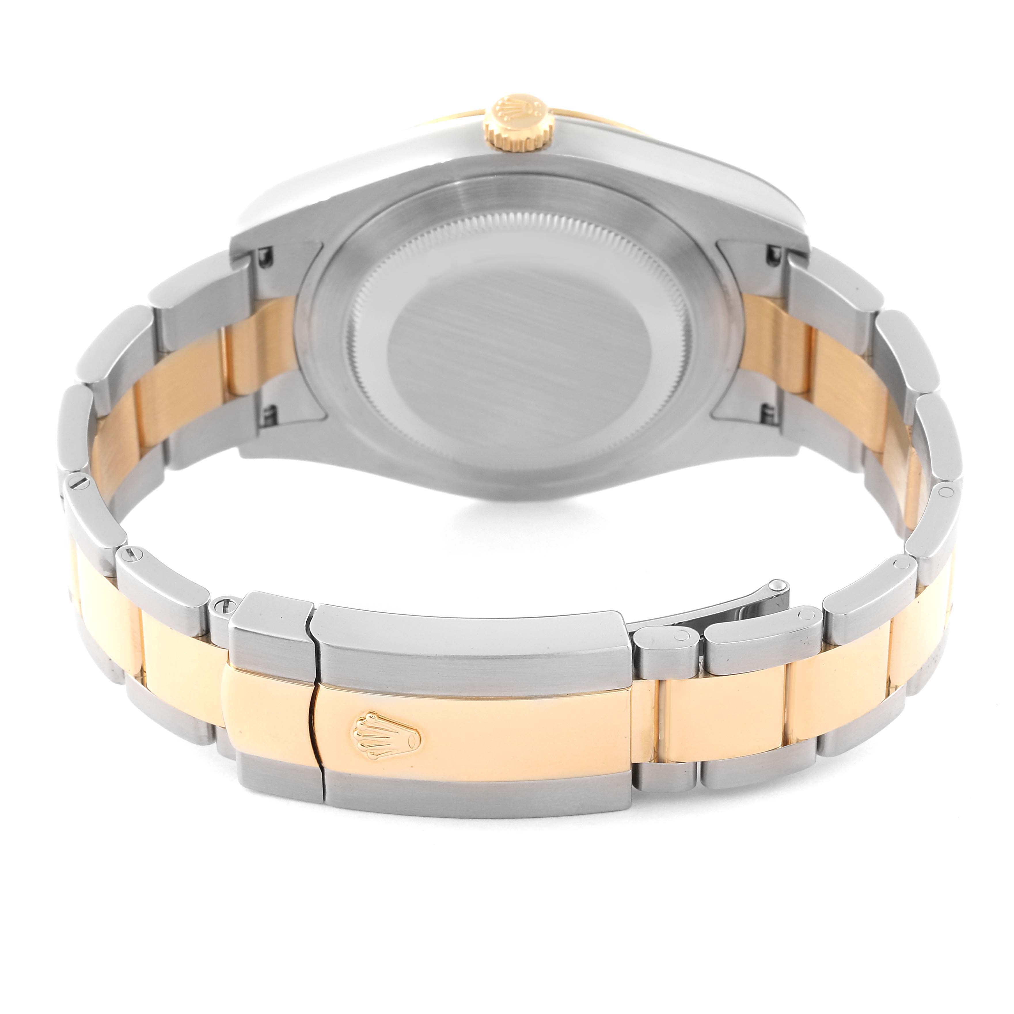 This image shows a rear view of a Rolex Datejust 41 116333 Men's Steel and Gold (two tone) Silver Dial 116333 Men's Steel and Gold (two tone) Silver Dial watch, highlighting the case back, crown, and two-tone bracelet with clasp.