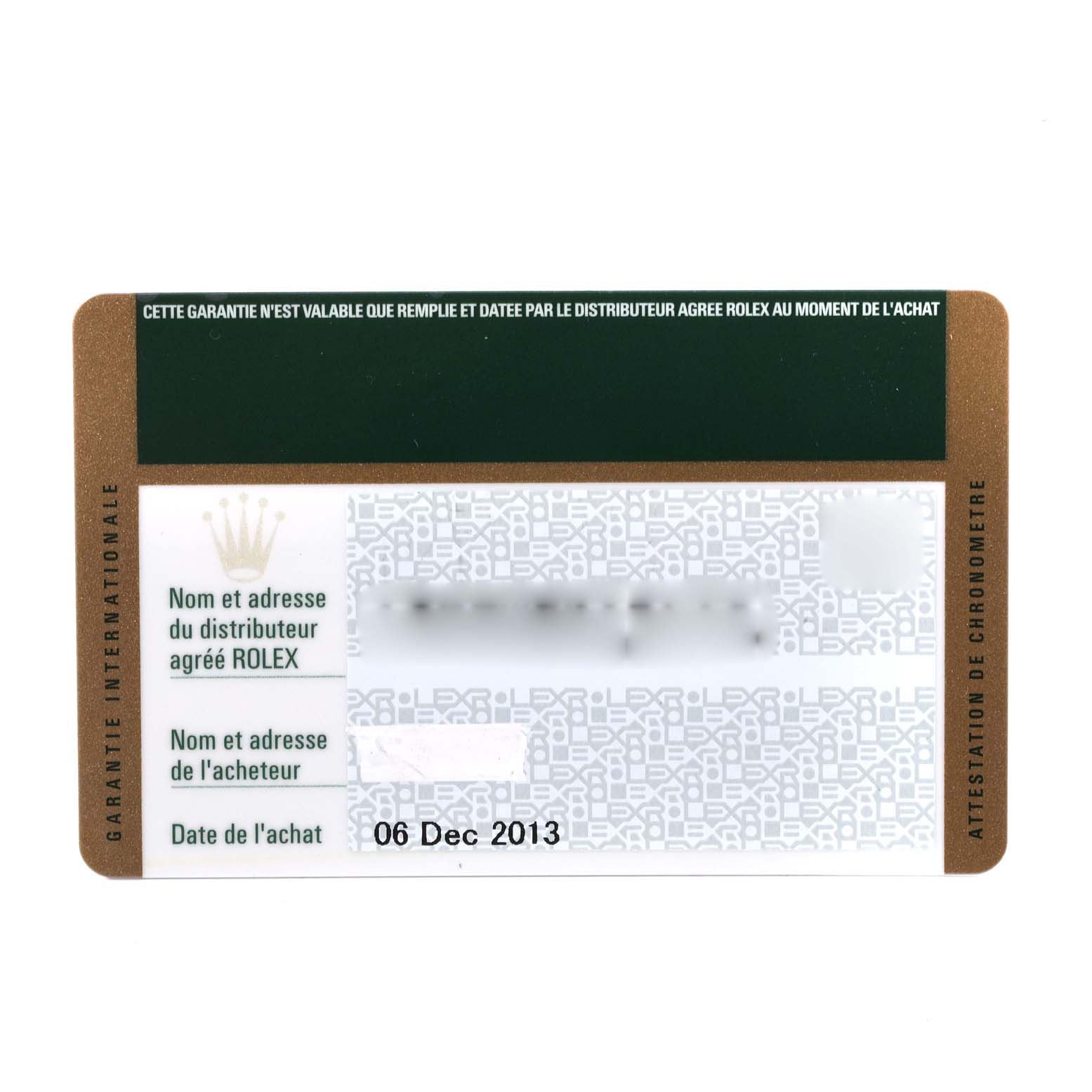 This image shows the guarantee card for a Rolex Datejust 41 116333 Men's Steel and Gold (two tone) Silver Dial 116333 Men's Steel and Gold (two tone) Silver Dial watch.