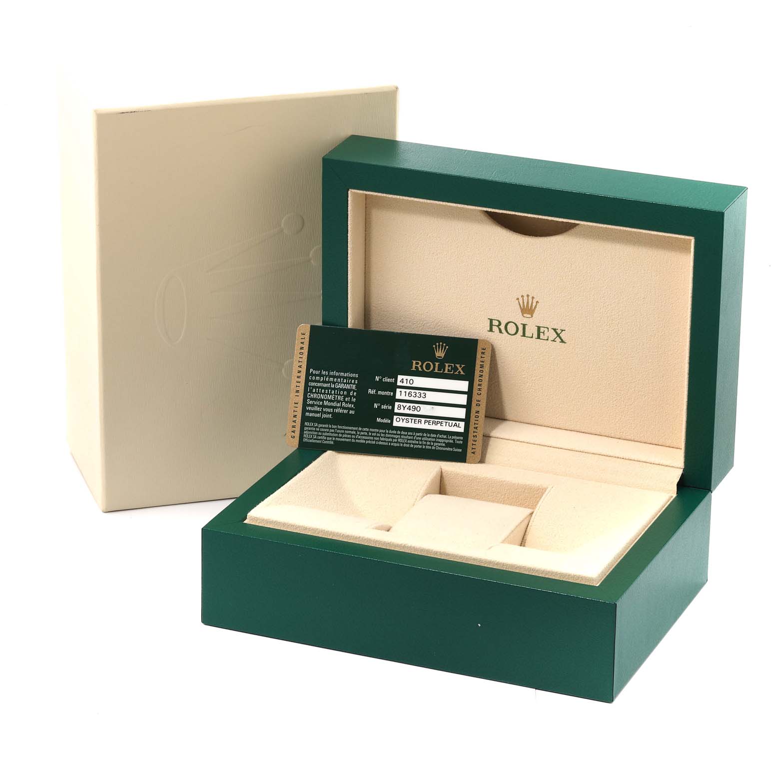 The image shows the packaging and authenticity card for a Rolex Datejust 41 116333 Men's Steel and Gold (two tone) Silver Dial 116333 Men's Steel and Gold (two tone) Silver Dial watch, with the open box angled slightly to the right.