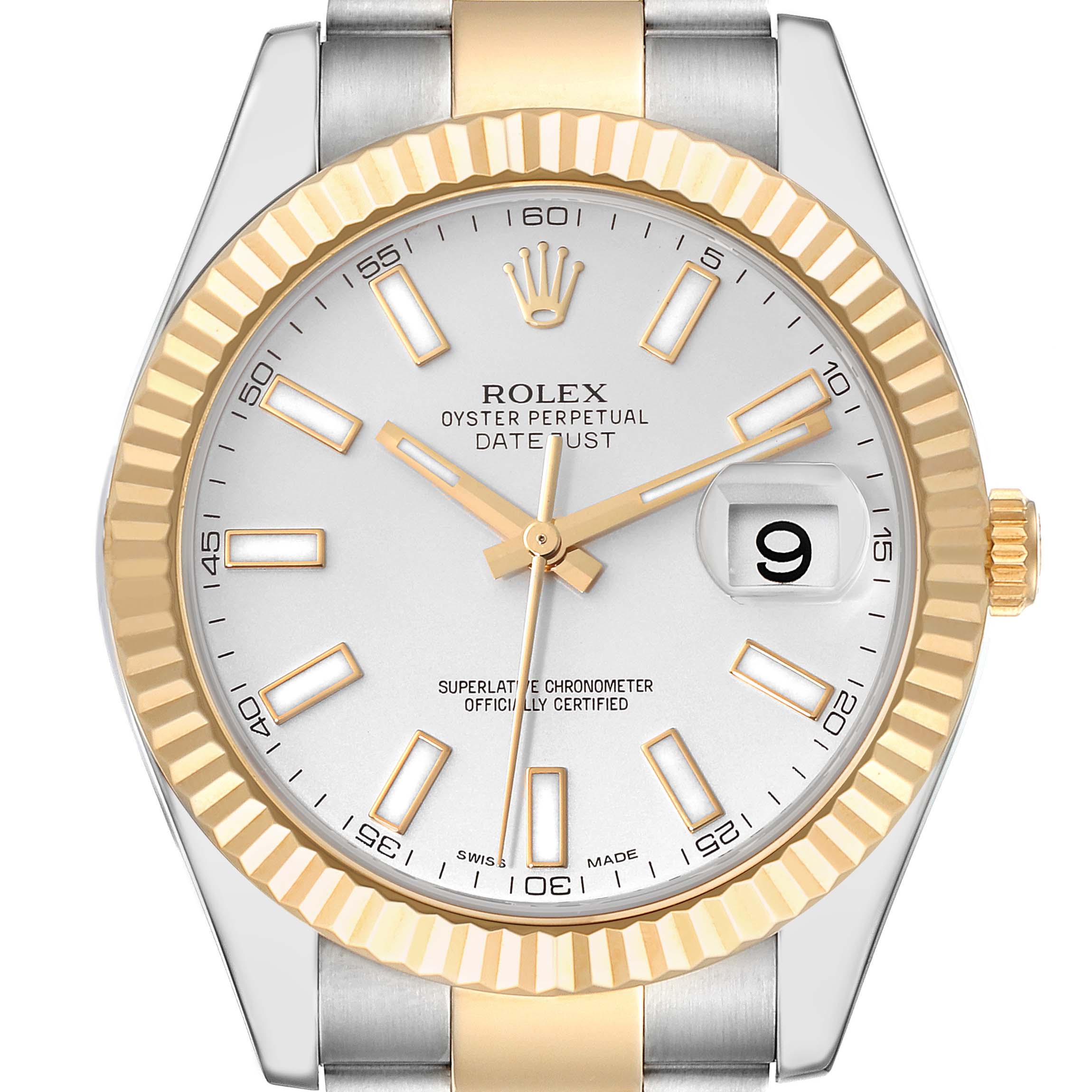 The image shows a frontal view of the Rolex Datejust 41 116333 Men's Steel and Gold (two tone) Silver Dial 116333 Men's Steel and Gold (two tone) Silver Dial watch, highlighting its dial, bezel, and part of the bracelet.