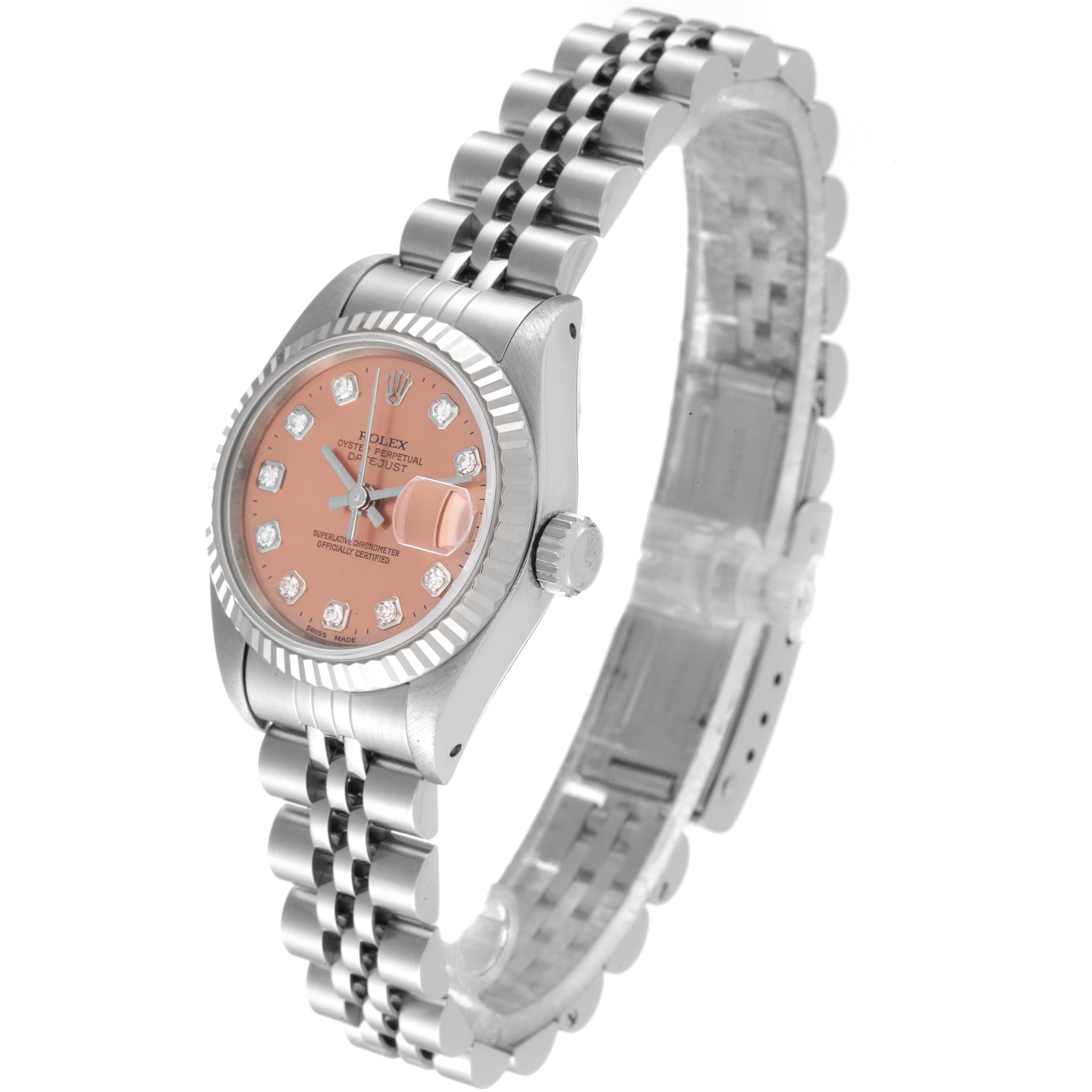 The image shows a side angle of a Rolex Datejust 69174 Women's Stainless Steel Pink Dial 69174 Women's Stainless Steel Pink Dial watch, highlighting the face, bezel, crown, and bracelet.