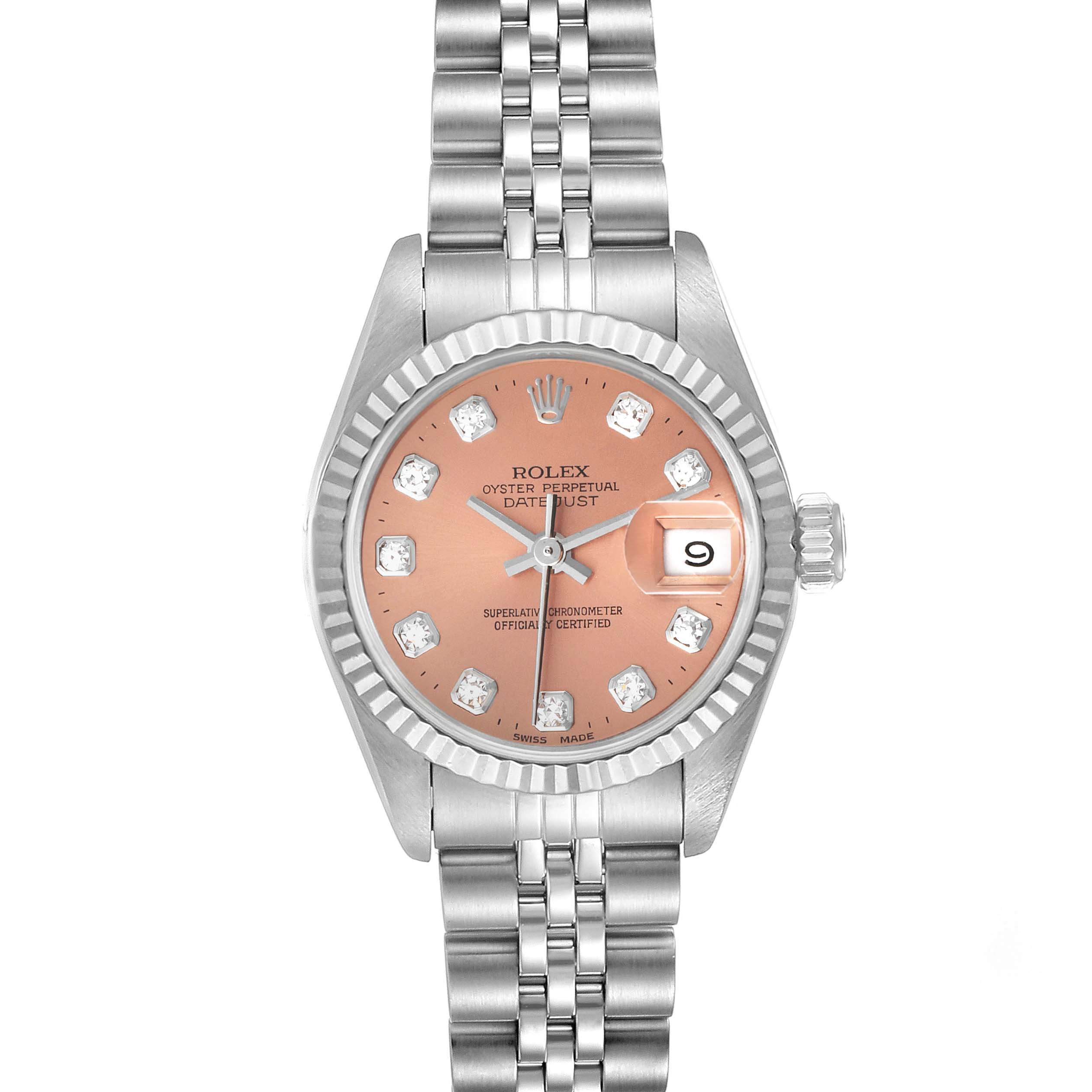 The image shows a frontal view of a Rolex Datejust 69174 Women's Stainless Steel Pink Dial 69174 Women's Stainless Steel Pink Dial watch, highlighting its jubilee bracelet, dial, bezel, and crown.