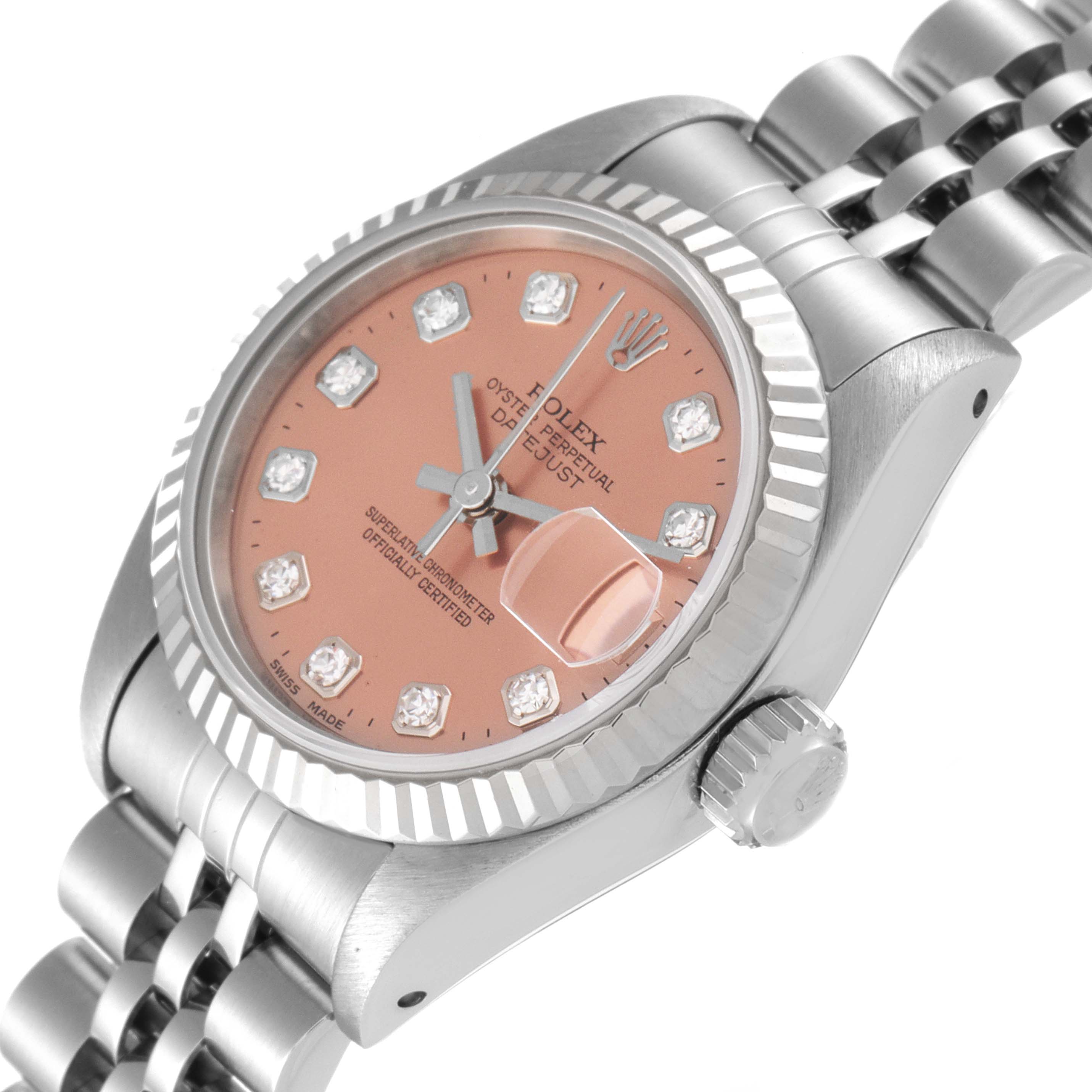 The image shows a Rolex Datejust 69174 Women's Stainless Steel Pink Dial 69174 Women's Stainless Steel Pink Dial watch angled from its front-right side, featuring the dial, crown, and part of the Jubilee bracelet.