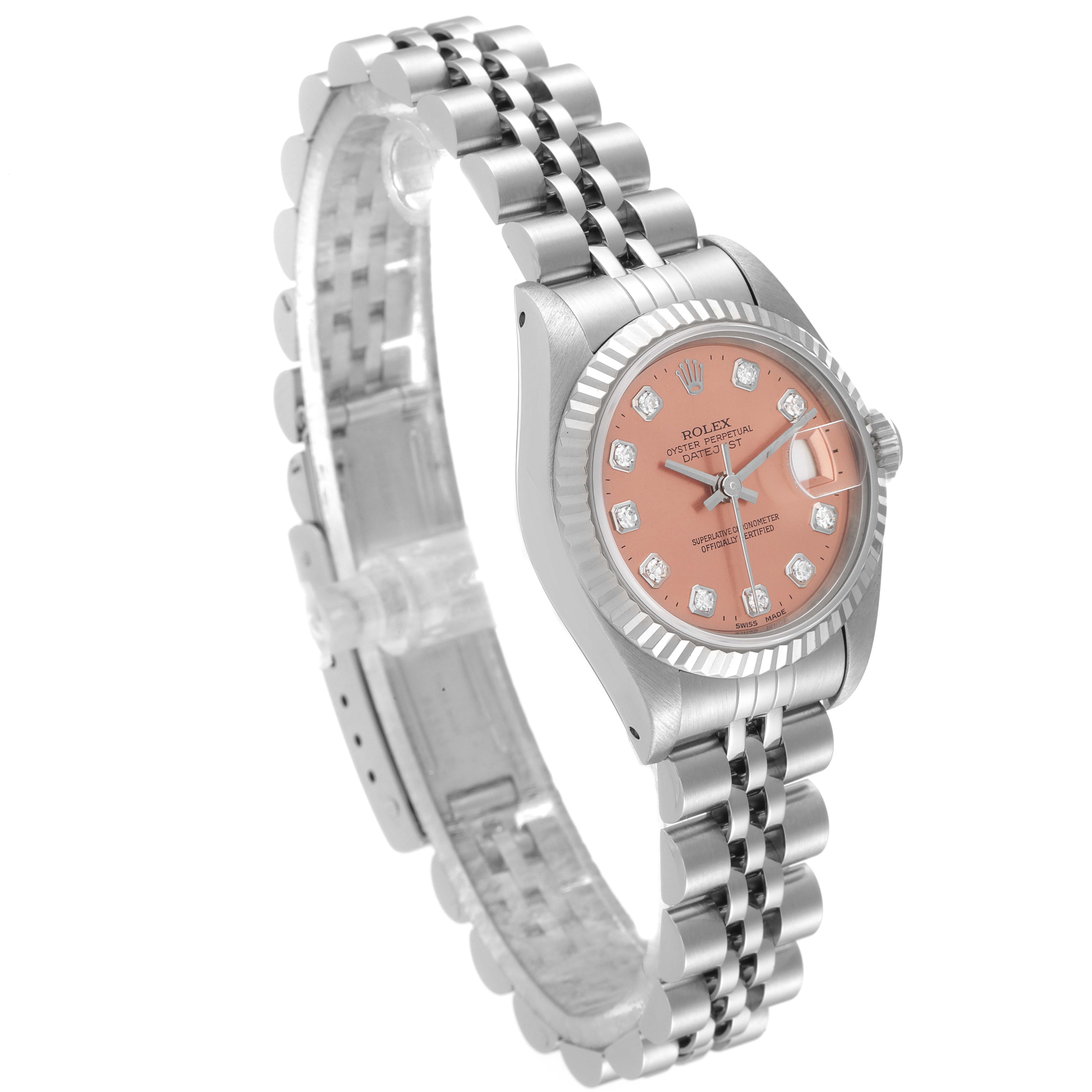 The Rolex Datejust 69174 Women's Stainless Steel Pink Dial 69174 Women's Stainless Steel Pink Dial watch is shown in a three-quarter angle, displaying its pink dial, diamond hour markers, and Jubilee bracelet.