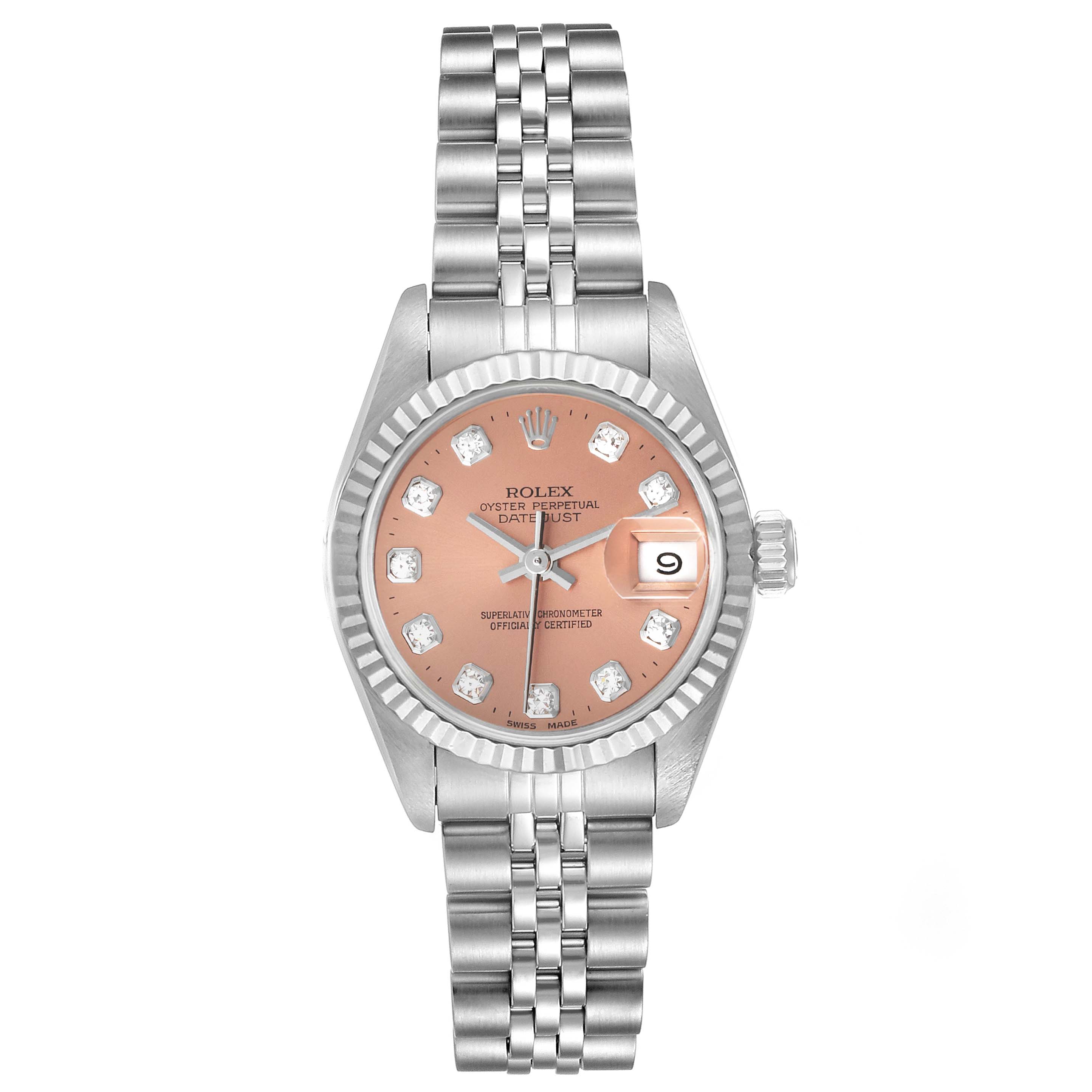 The image shows a frontal view of the Rolex Datejust 69174 Women's Stainless Steel Pink Dial 69174 Women's Stainless Steel Pink Dial watch, highlighting the dial, bezel, and bracelet.