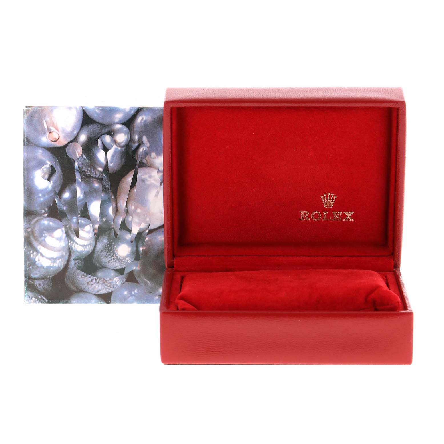 The image shows an empty red Rolex Datejust 69174 Women's Stainless Steel Pink Dial 69174 Women's Stainless Steel Pink Dial watch box with the brand logo and a decorative background image.