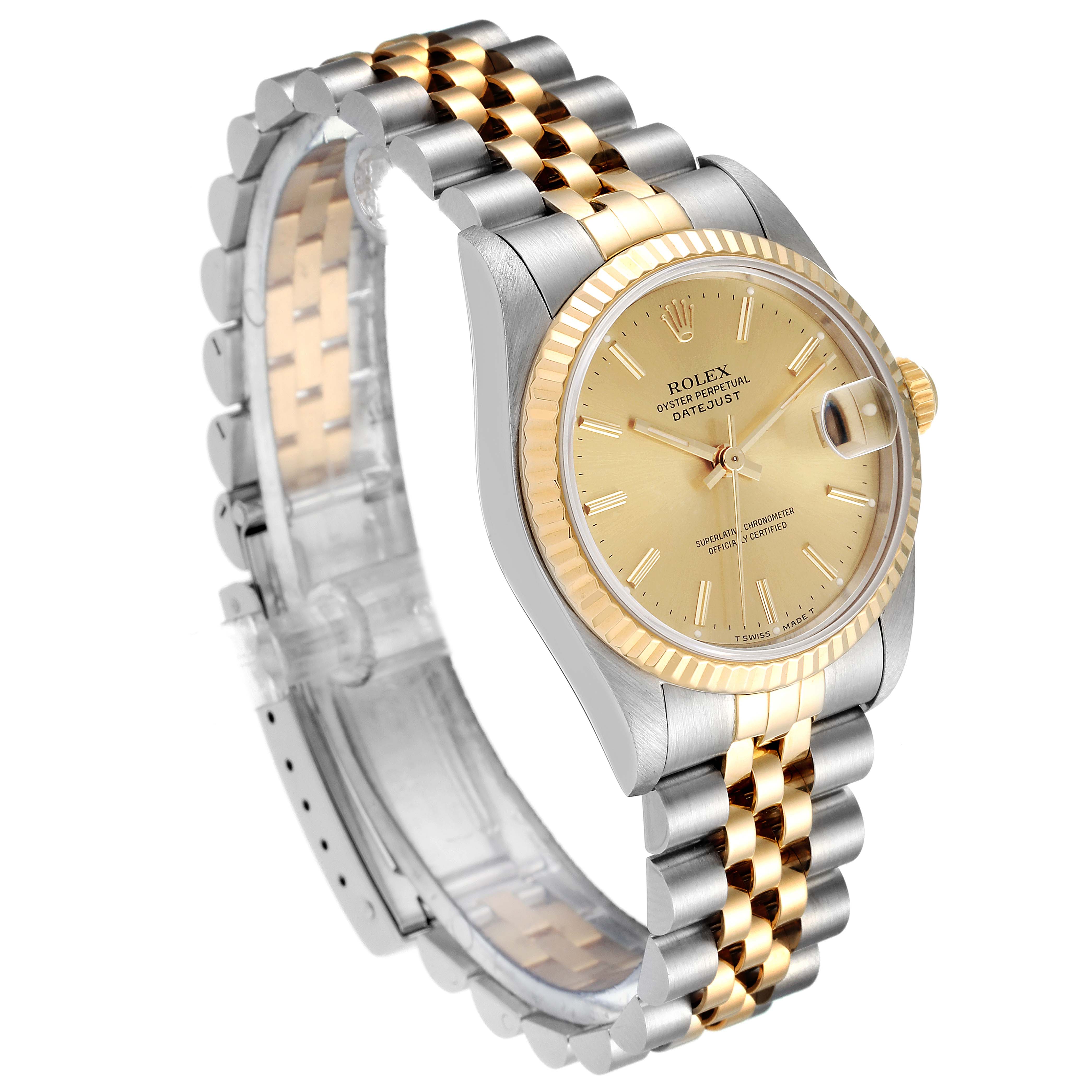 This Rolex Mid-Size 68273 Women's Steel and Gold (two tone) Champagne Dial 68273 Women's Steel and Gold (two tone) Champagne Dial Datejust watch is shown at an angled view, showcasing its two-tone bracelet and gold face with a date window.