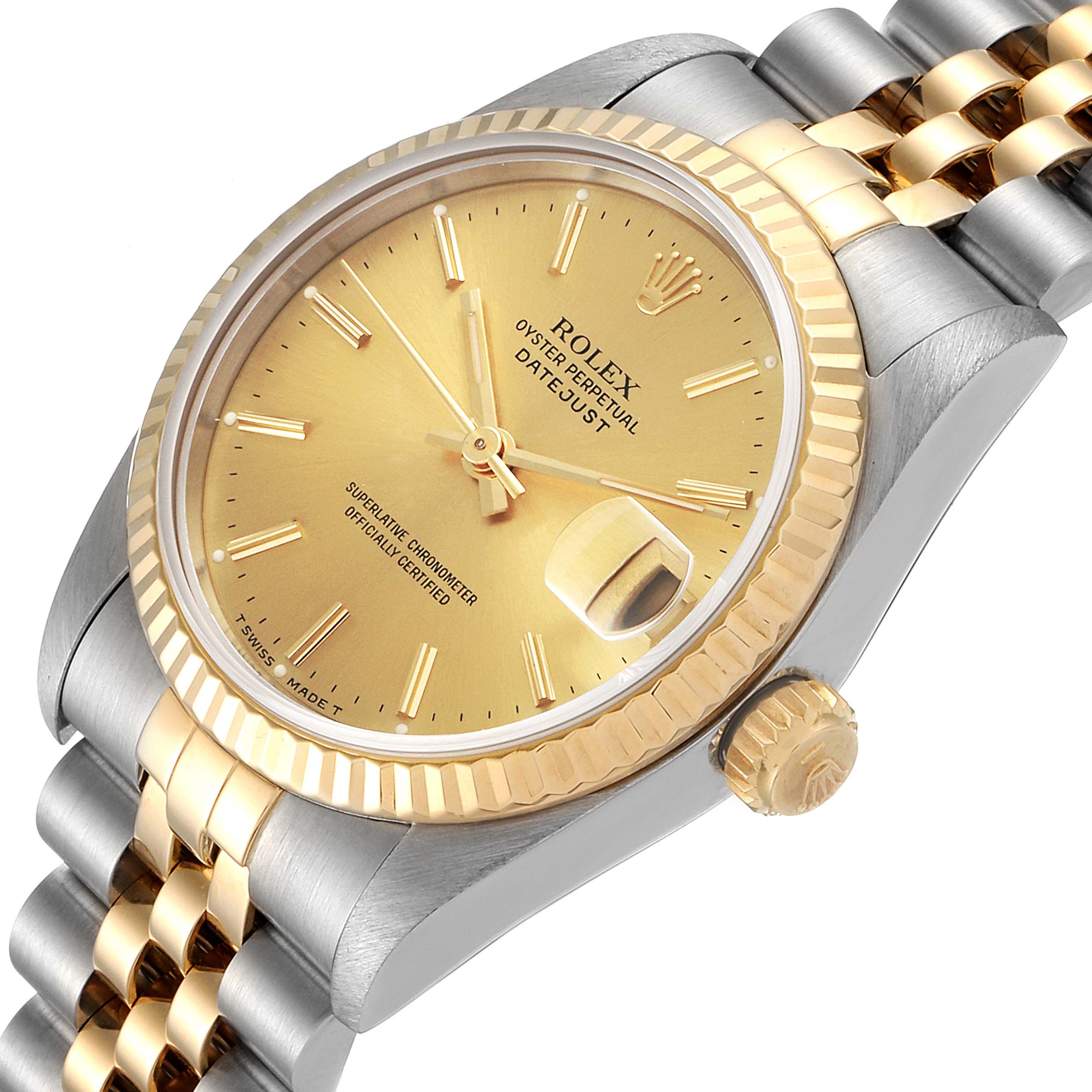 The Rolex Mid-Size 68273 Women's Steel and Gold (two tone) Champagne Dial 68273 Women's Steel and Gold (two tone) Champagne Dial Datejust watch is shown at an angle displaying the dial, bezel, crown, and part of the bracelet.