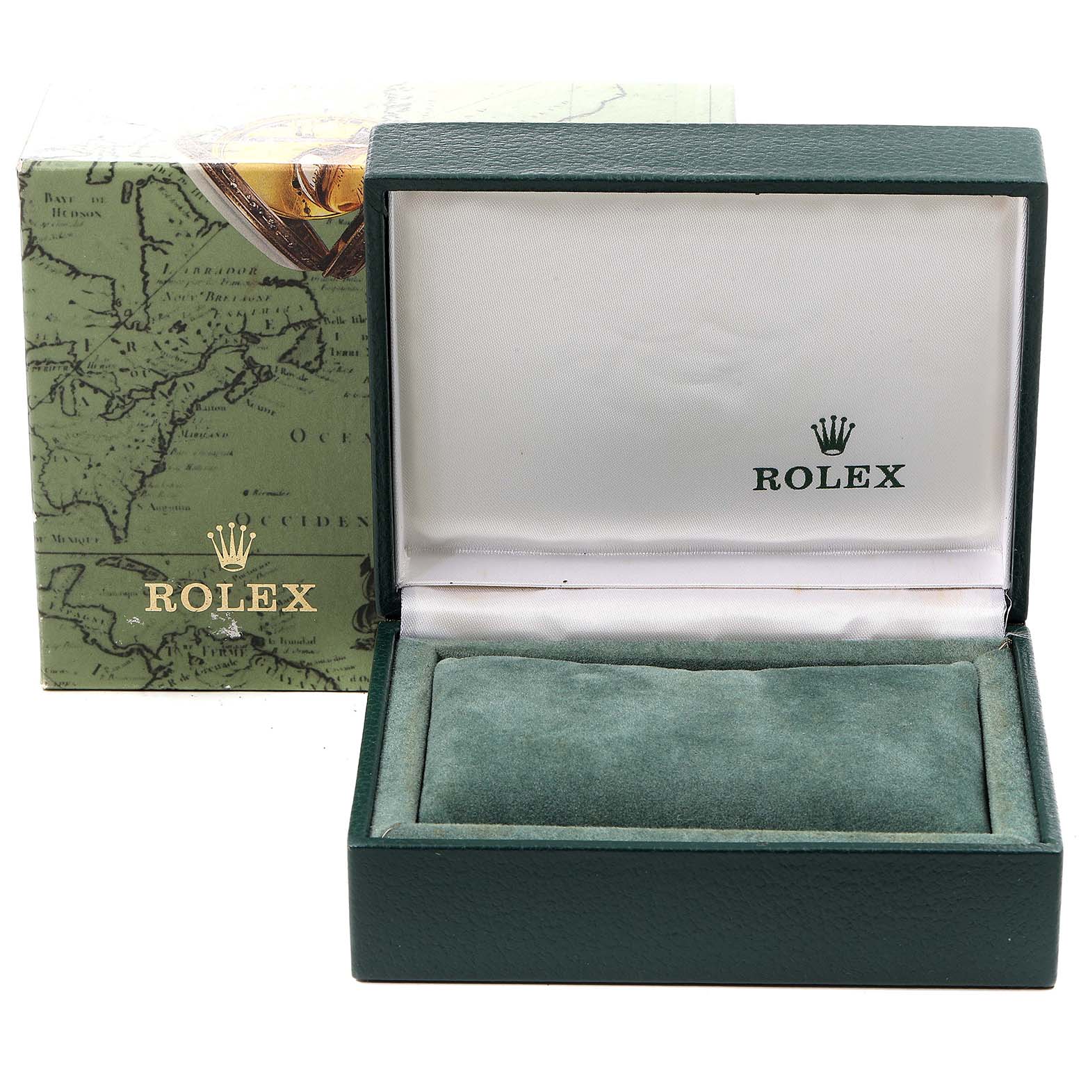 This image shows an open Rolex watch box and an outer packaging box, revealing the interior cushion for a Mid-Size model watch.