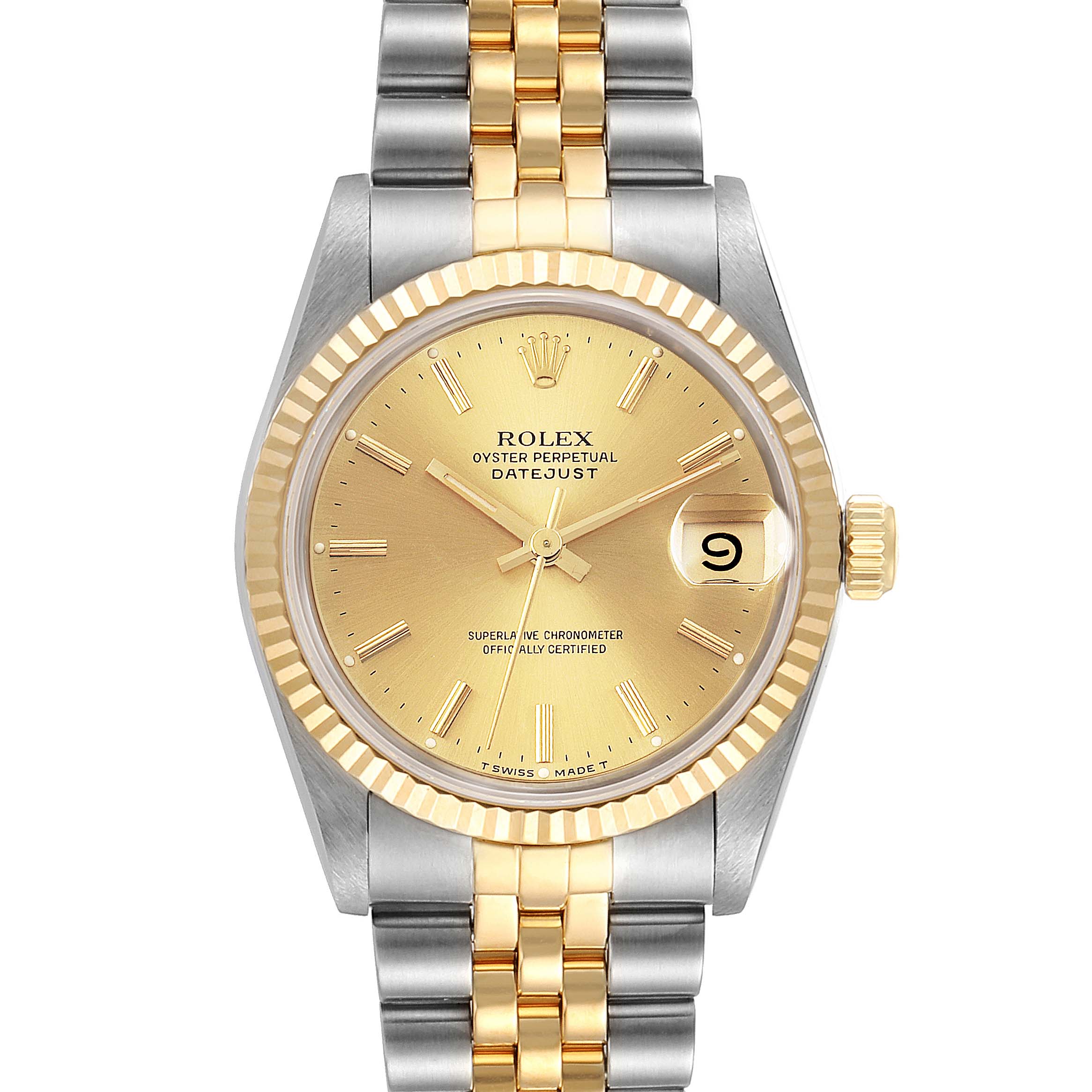 The Rolex Mid-Size 68273 Women's Steel and Gold (two tone) Champagne Dial 68273 Women's Steel and Gold (two tone) Champagne Dial Datejust watch is shown from a front view, highlighting its dial, bezel, crown, and bracelet.