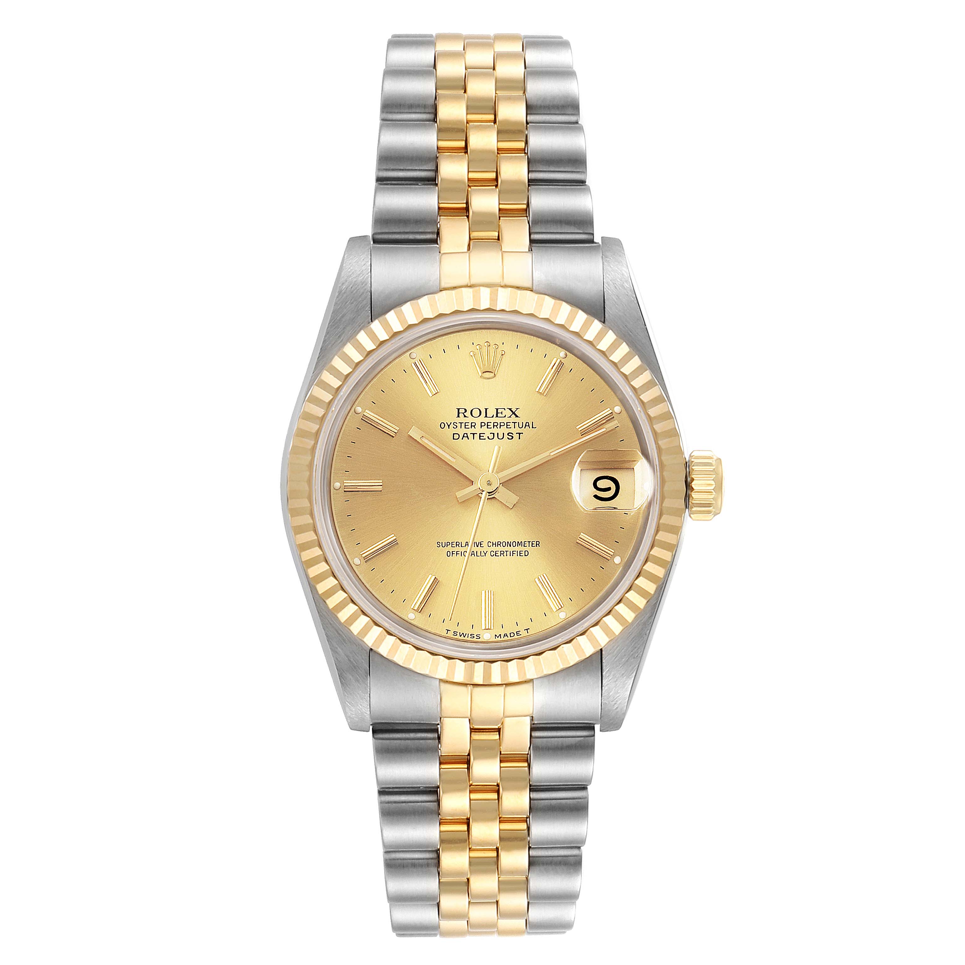 This Rolex Mid-Size 68273 Women's Steel and Gold (two tone) Champagne Dial 68273 Women's Steel and Gold (two tone) Champagne Dial Oyster Perpetual Datejust watch is shown from a front angle, displaying its dial, case, bezel, and bracelet.