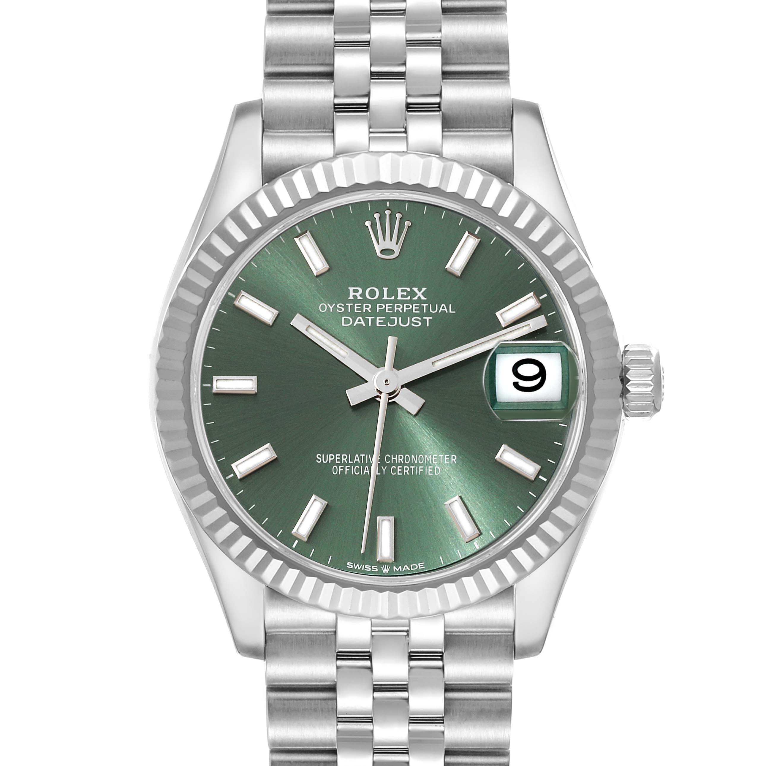 Front view of the Rolex Datejust Mid-Size watch showing the green dial, date window, and stainless steel jubilee bracelet.