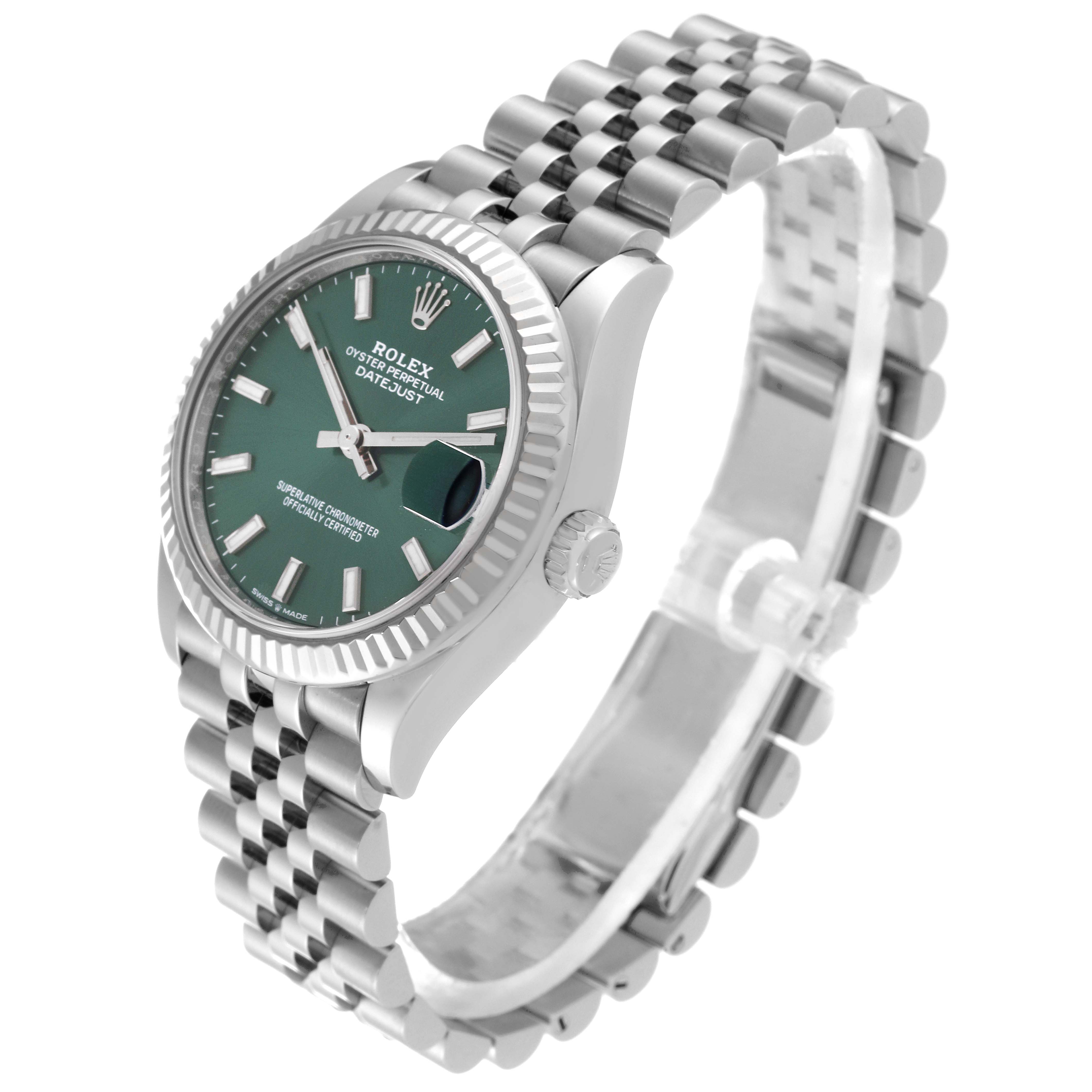 The Rolex Mid-Size 278274 Women's Stainless Steel Green Dial 278274 Women's Stainless Steel Green Dial watch is shown from a front angle, displaying its dial, bezel, case, and bracelet.