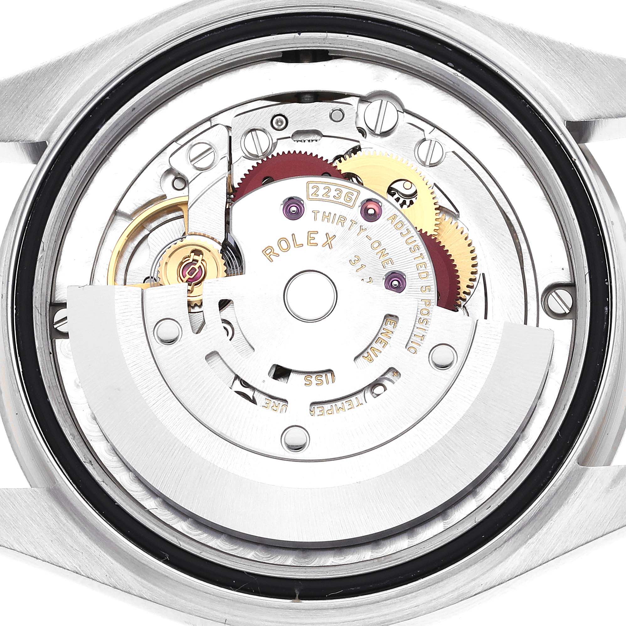 The image shows the case back view, exposing the movement and components of the Rolex Mid-Size 278274 Women's Stainless Steel Green Dial 278274 Women's Stainless Steel Green Dial watch.