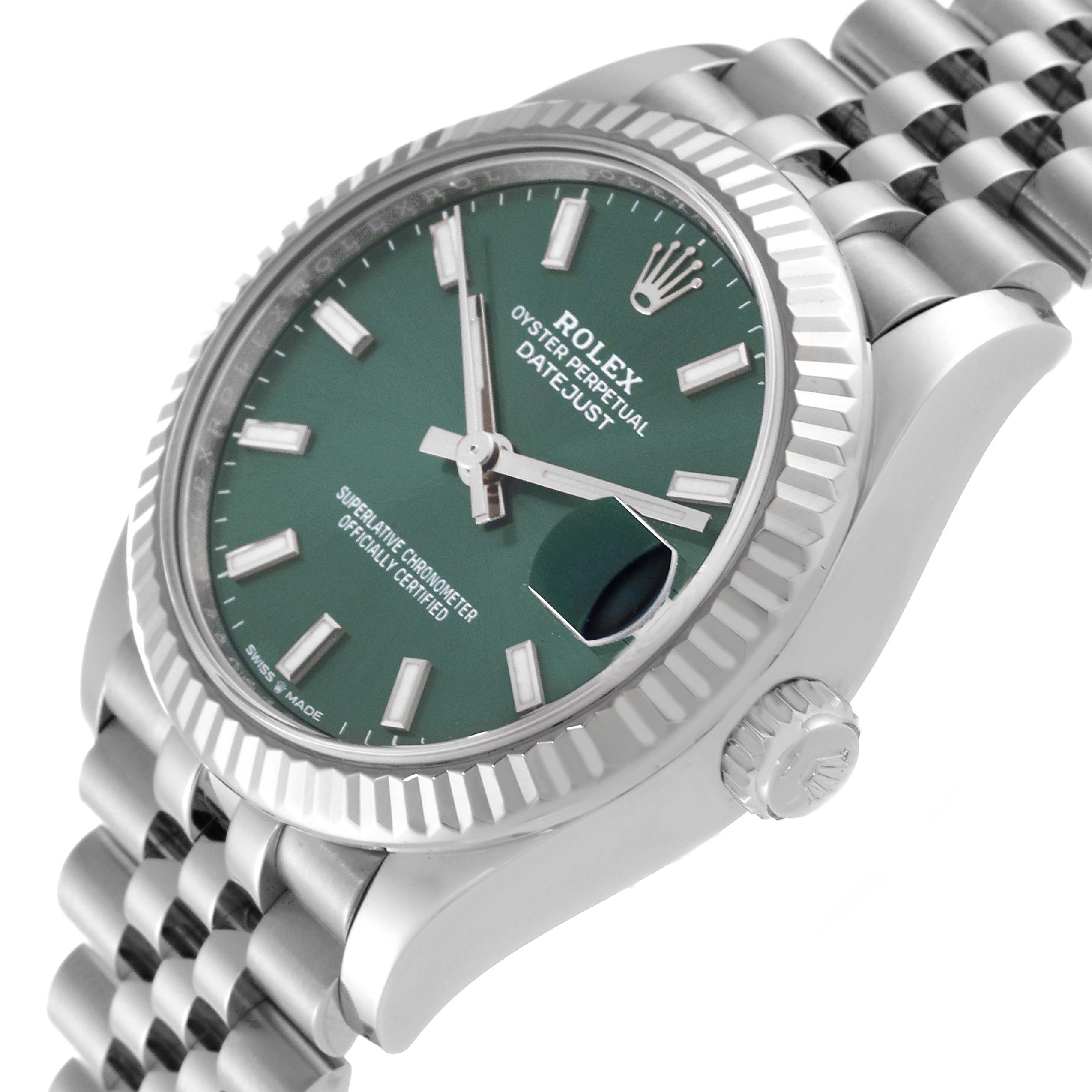 The image shows a side angle of the Rolex Datejust Mid-Size watch, highlighting the face, bezel, crown, and part of the bracelet.
