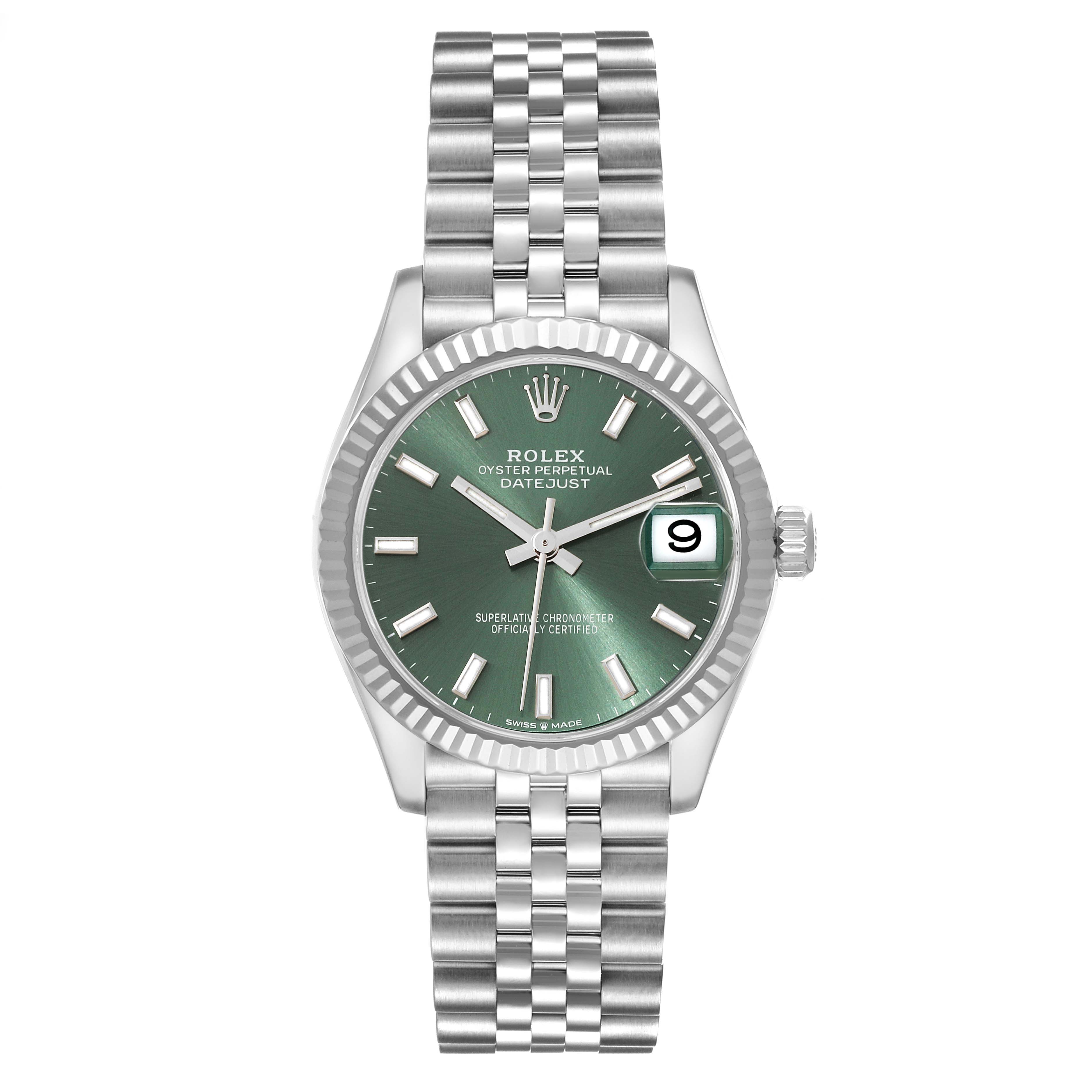 This image shows a front view of a Rolex Oyster Perpetual Datejust Mid-Size watch, highlighting the dial, bezel, and bracelet.