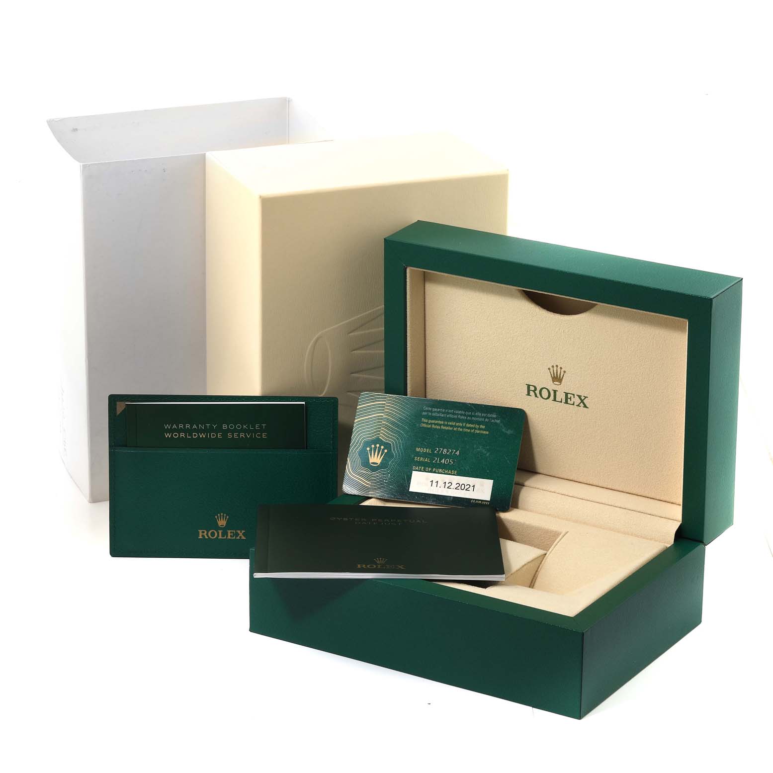 The image shows packaging and accessories for a Rolex Mid-Size 278274 Women's Stainless Steel Green Dial 278274 Women's Stainless Steel Green Dial model, including boxes, booklets, and a warranty card.