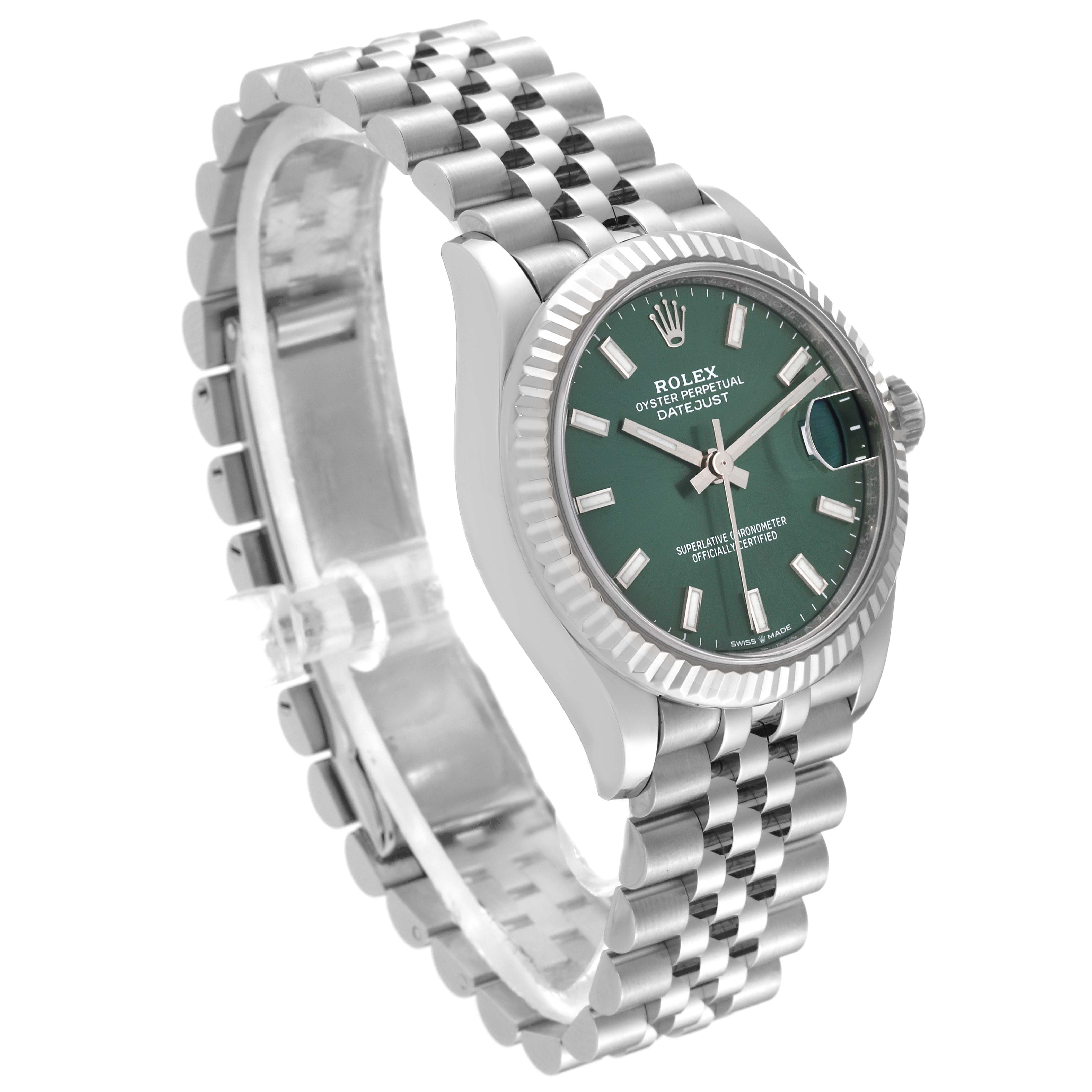 The Rolex Mid-Size 278274 Women's Stainless Steel Green Dial 278274 Women's Stainless Steel Green Dial model's face, bracelet, and crown are shown at a three-quarter angle.