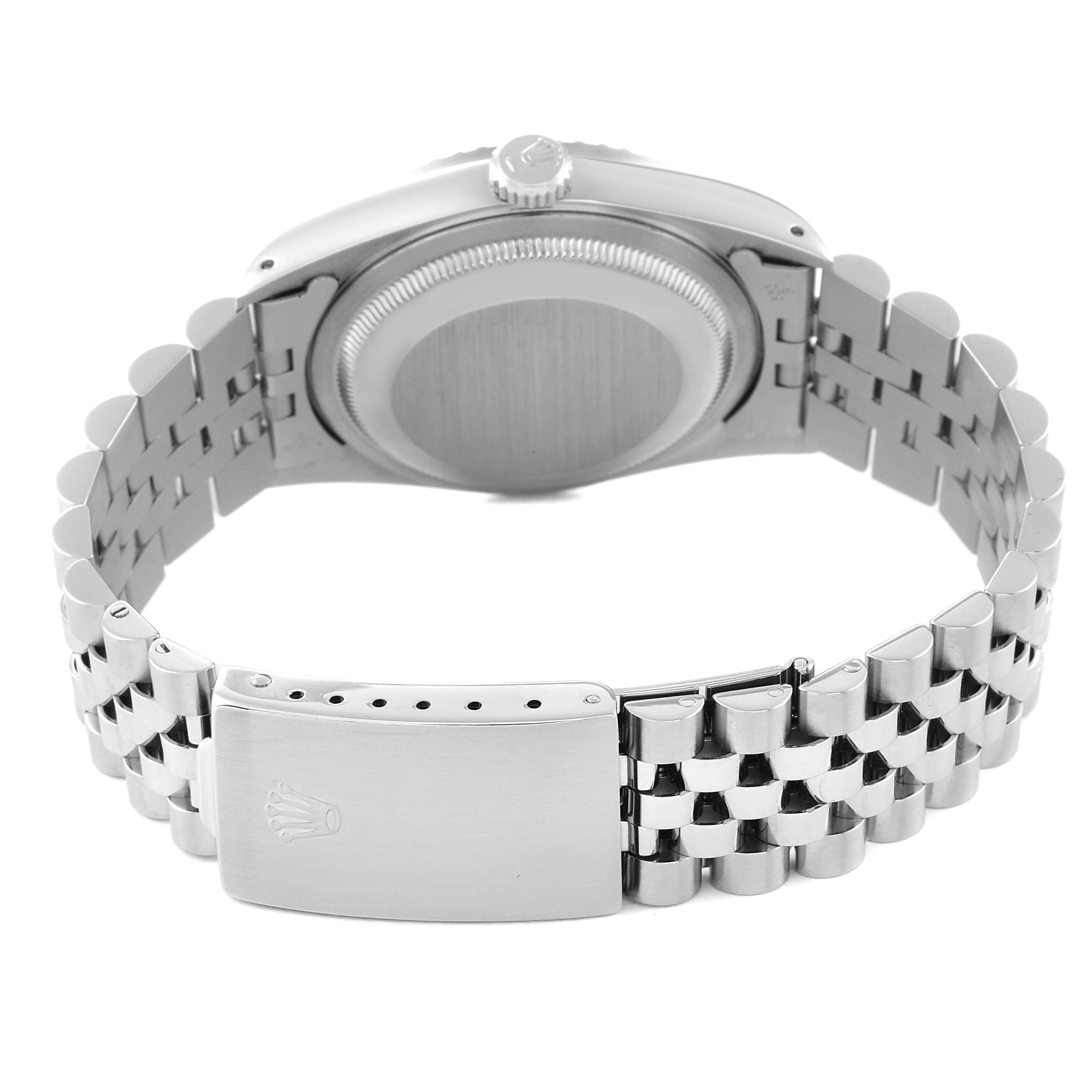 The image shows the back case, crown, and bracelet clasp of a Rolex Datejust 16220 Men's Stainless Steel Silver Dial 16220 Men's Stainless Steel Silver Dial watch from a rear angle.