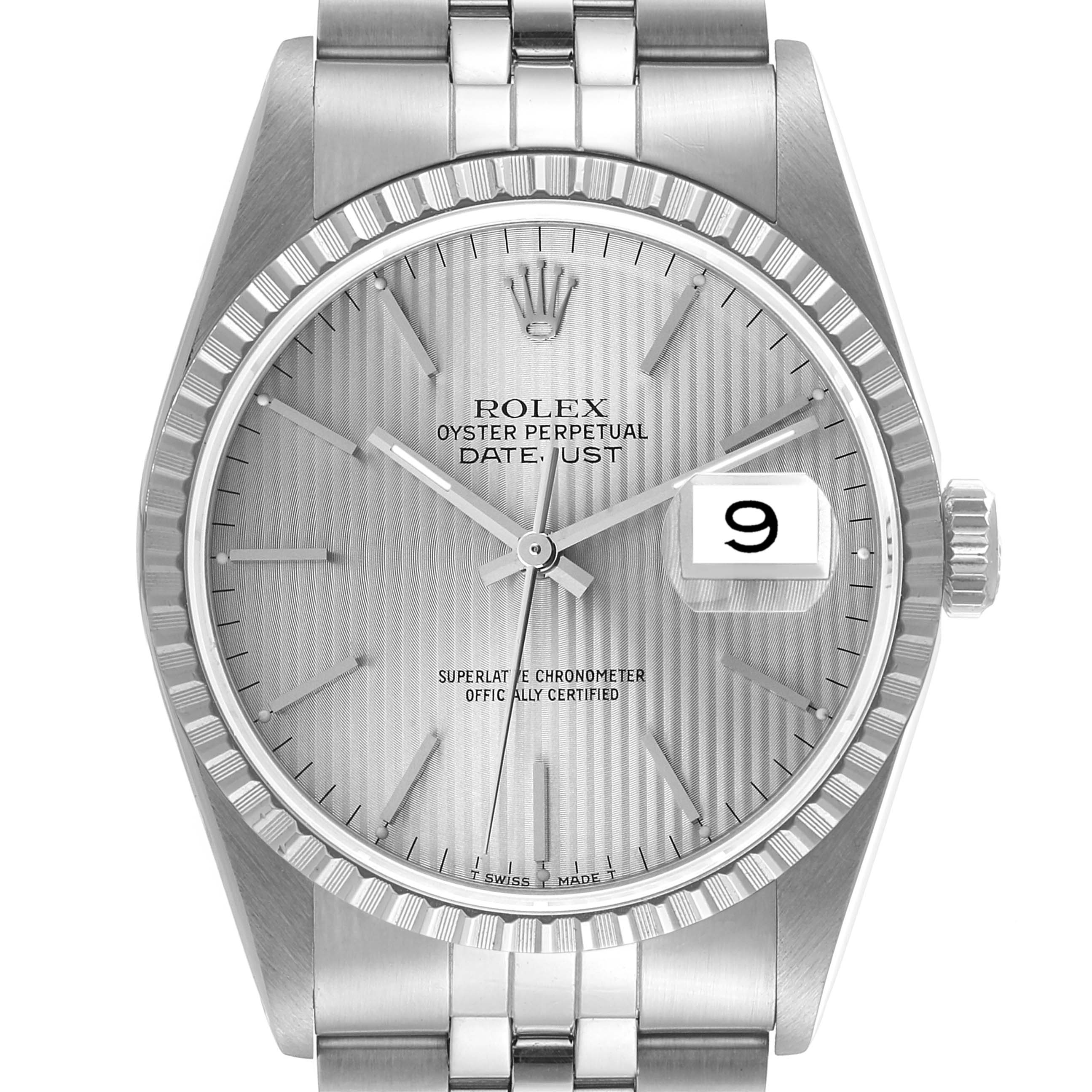 The image shows a front view of a Rolex Datejust 16220 Men's Stainless Steel Silver Dial 16220 Men's Stainless Steel Silver Dial watch, highlighting the dial, date window, and part of the bracelet.