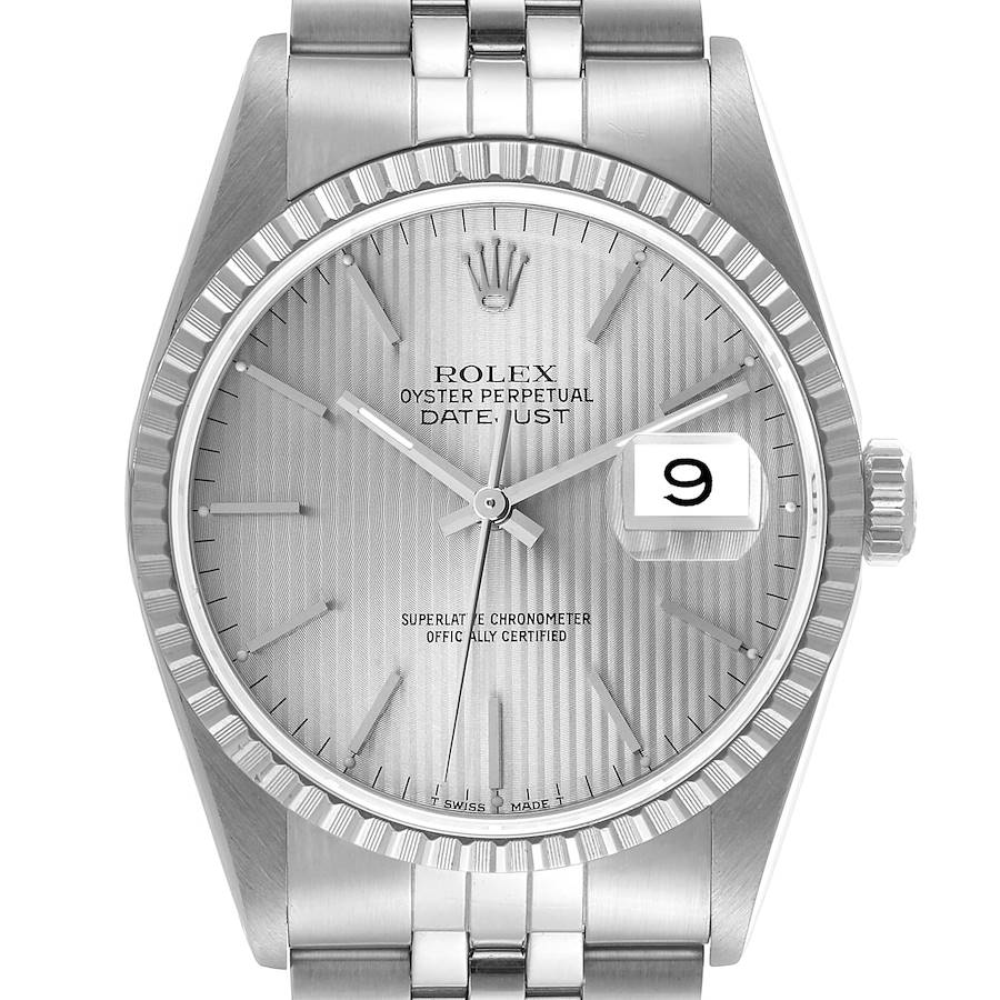 Rolex Datejust Silver Tapestry Dial Engine Turned Bezel Steel Mens Watch 16220 SwissWatchExpo