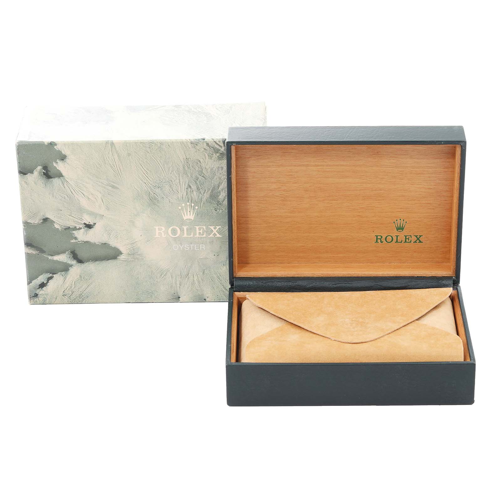 The image shows the outer box, inner box, and cushion for the Rolex Datejust 16220 Men's Stainless Steel Silver Dial 16220 Men's Stainless Steel Silver Dial model.