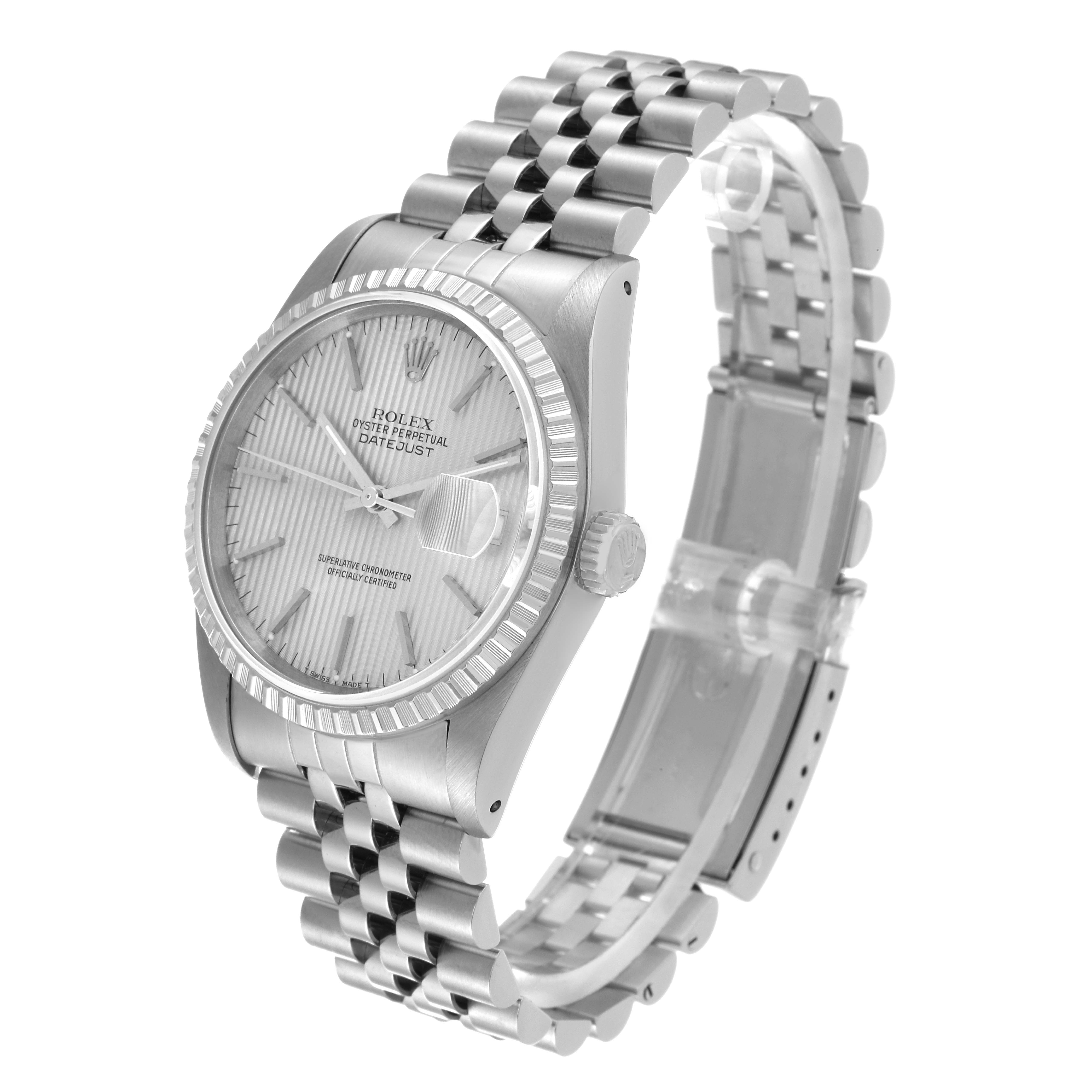 The image shows a Rolex Datejust 16220 Men's Stainless Steel Silver Dial 16220 Men's Stainless Steel Silver Dial watch at an angle, highlighting the face, bezel, crown, and metal bracelet.
